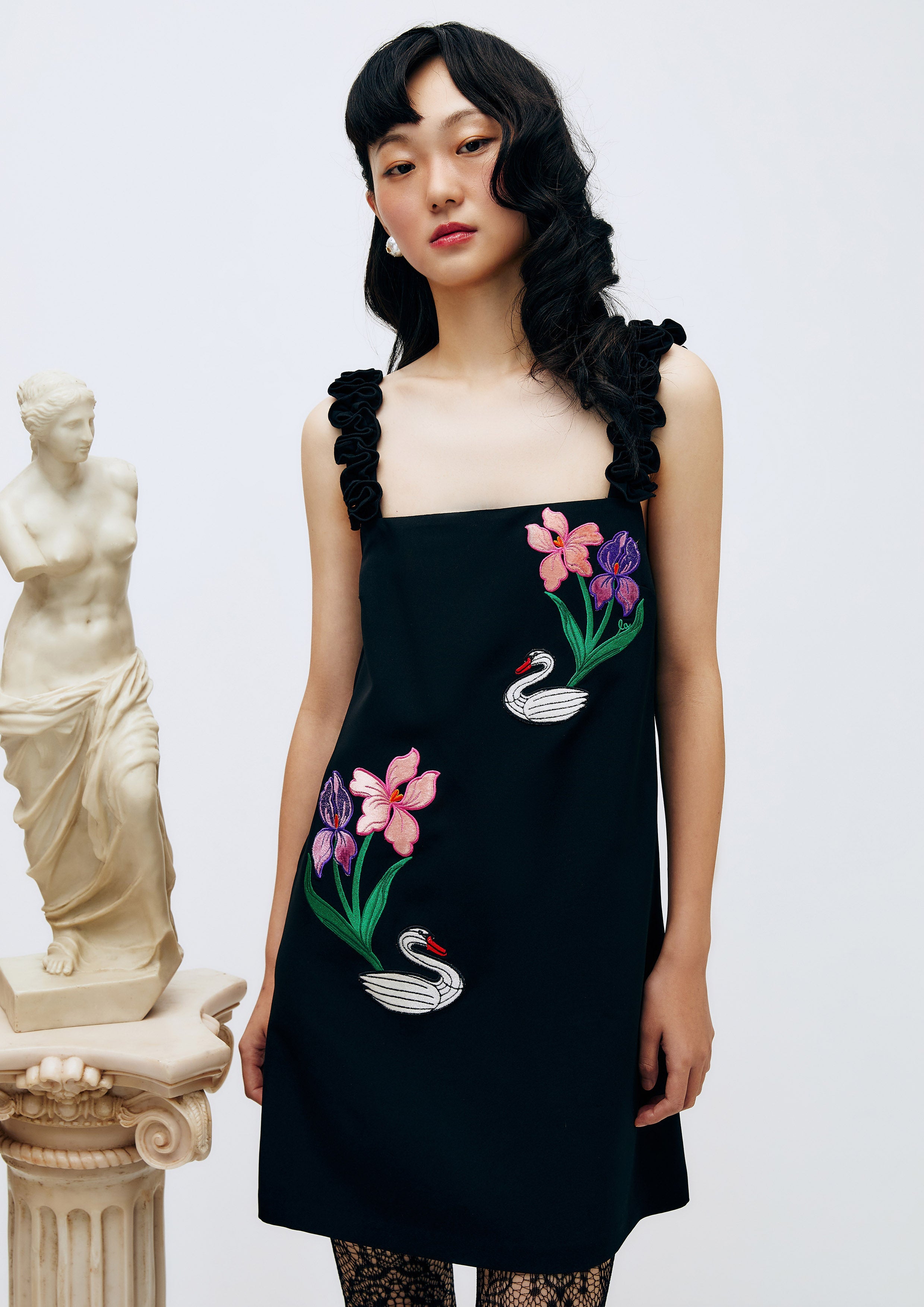 Swan and Floral Embroidered Straight Mini Dress Lost In Museum Collection