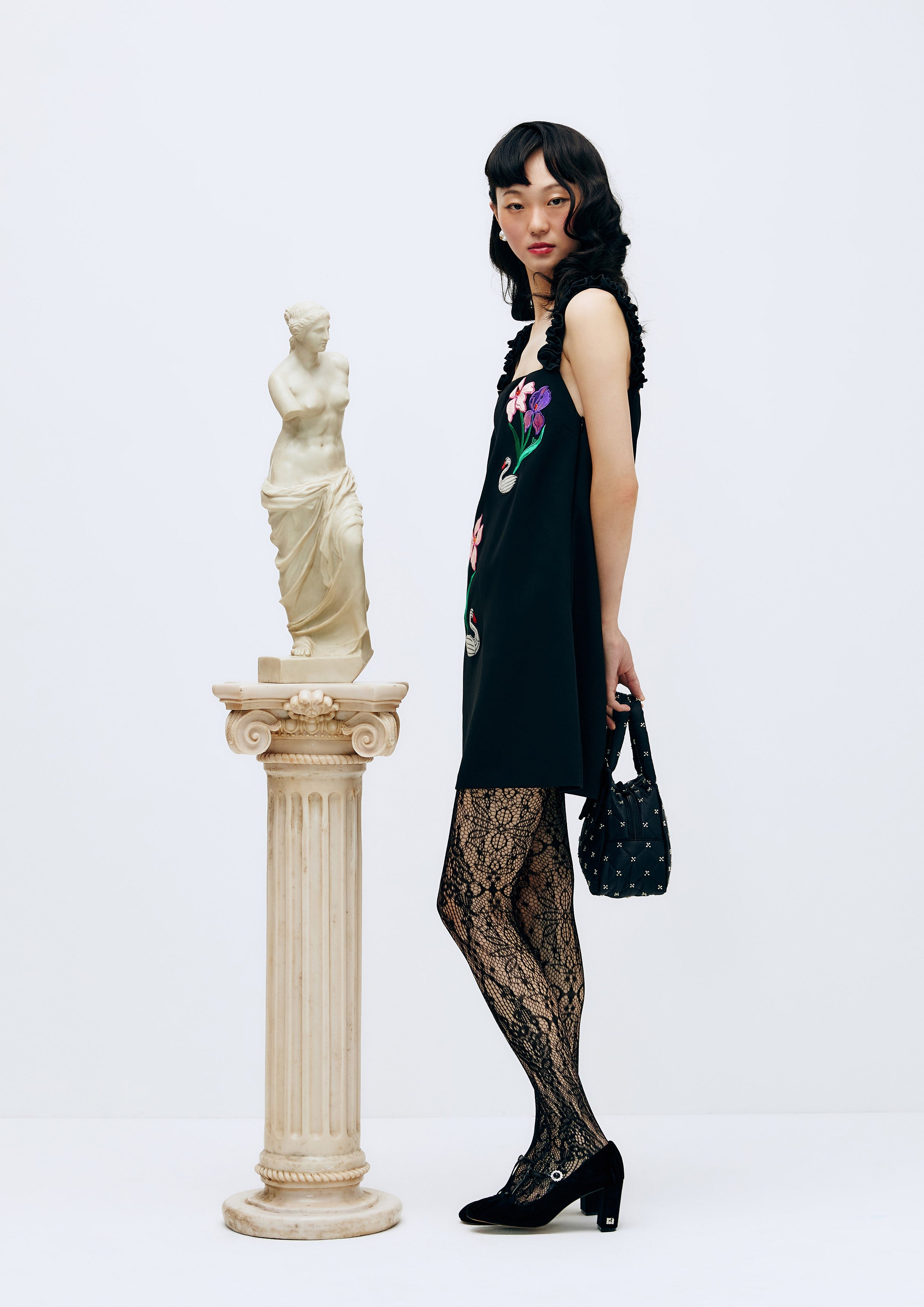 Swan and Floral Embroidered Straight Mini Dress Lost In Museum Collection