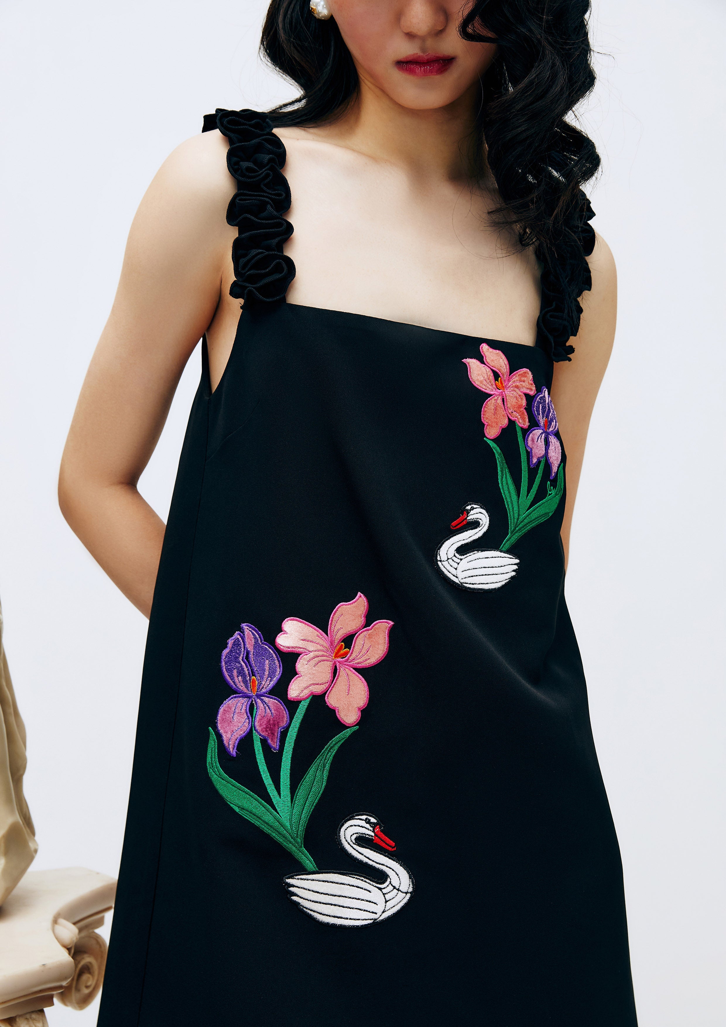 Swan and Floral Embroidered Straight Mini Dress Lost In Museum Collection