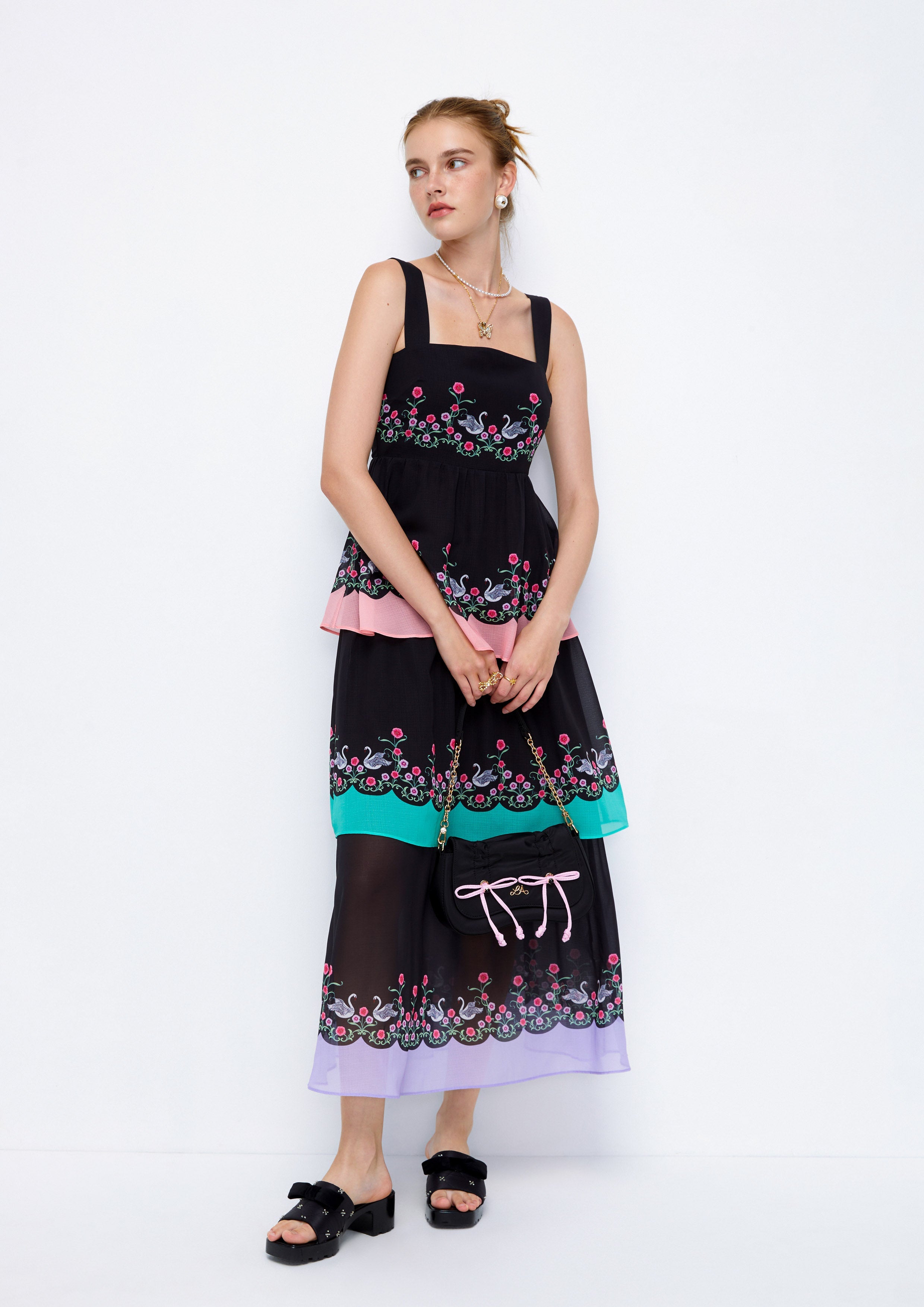 Ornamental Swan and Floral Printed Layered Maxi Dress Lost In Museum Collection