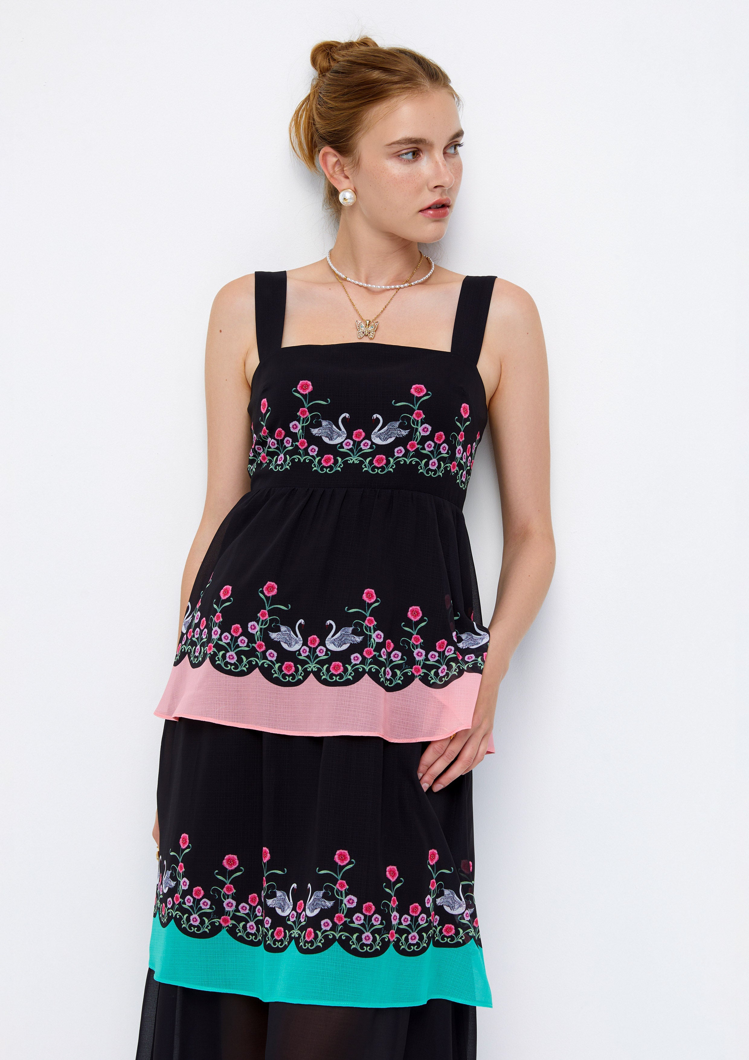 Ornamental Swan and Floral Printed Layered Maxi Dress Lost In Museum Collection