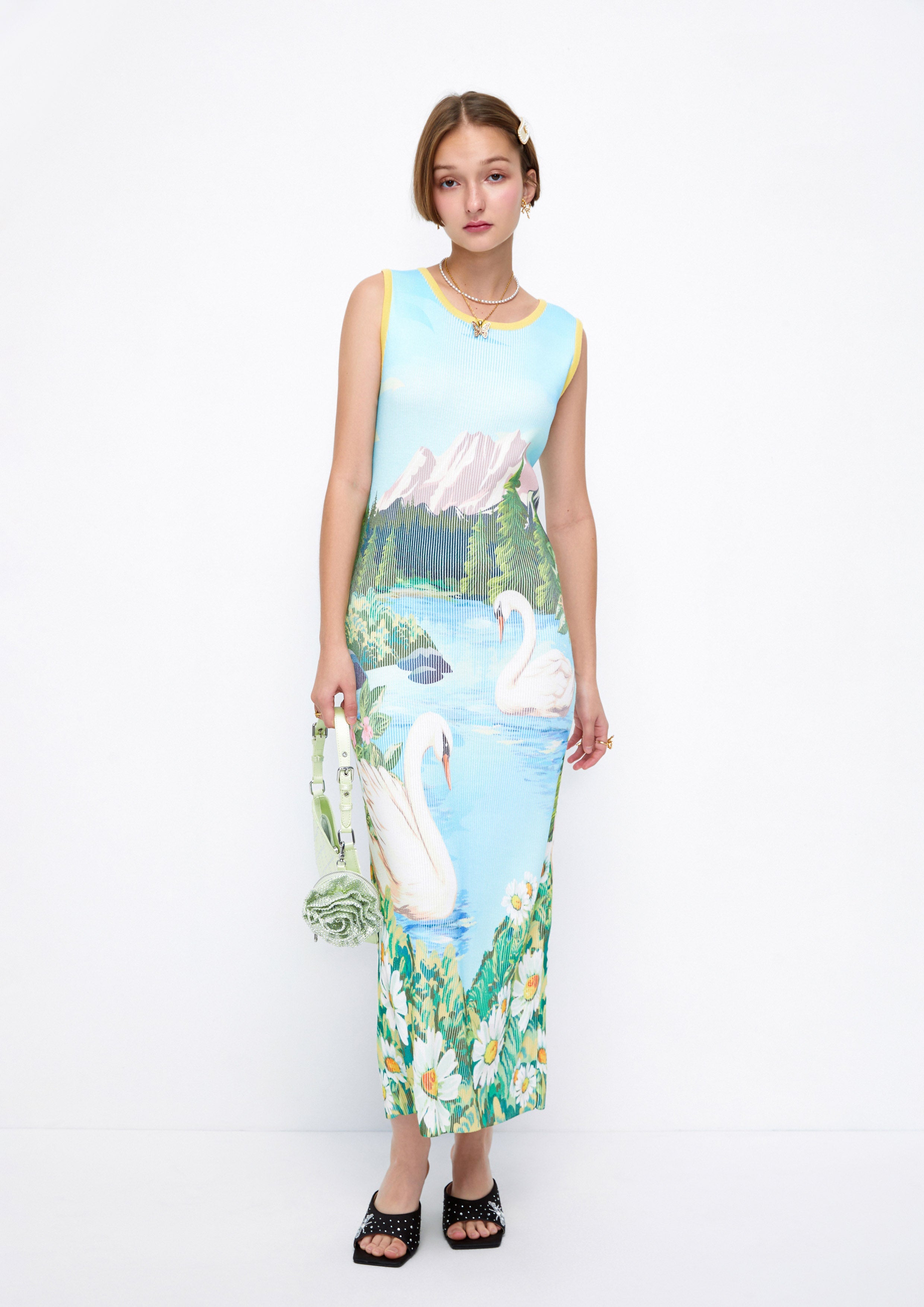 Swan's Lake Printed Maxi Straight Sheath Dress Lost In Museum Collection