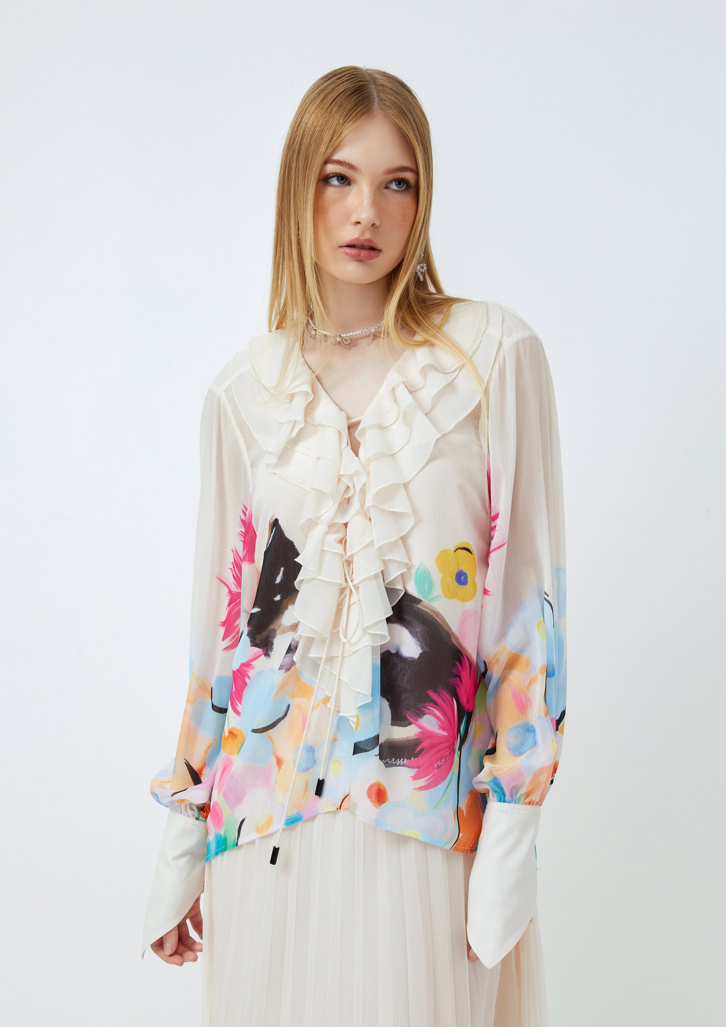 Printed Ruffle Trim Long Sleeve Dress Lost In Museum Collection