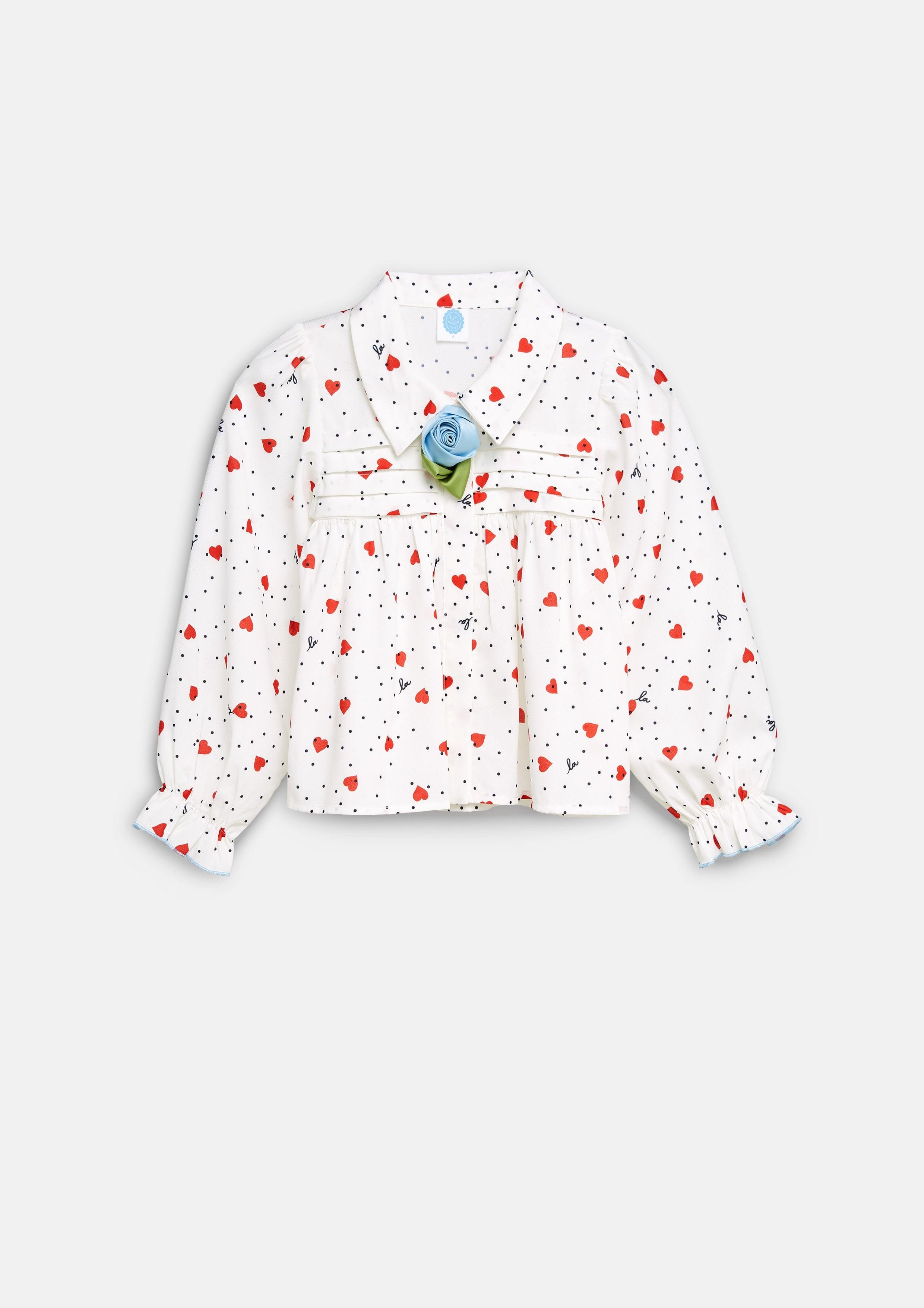 Lost In Museum Polka-Dot Heart With Rose Blouse For Girls White