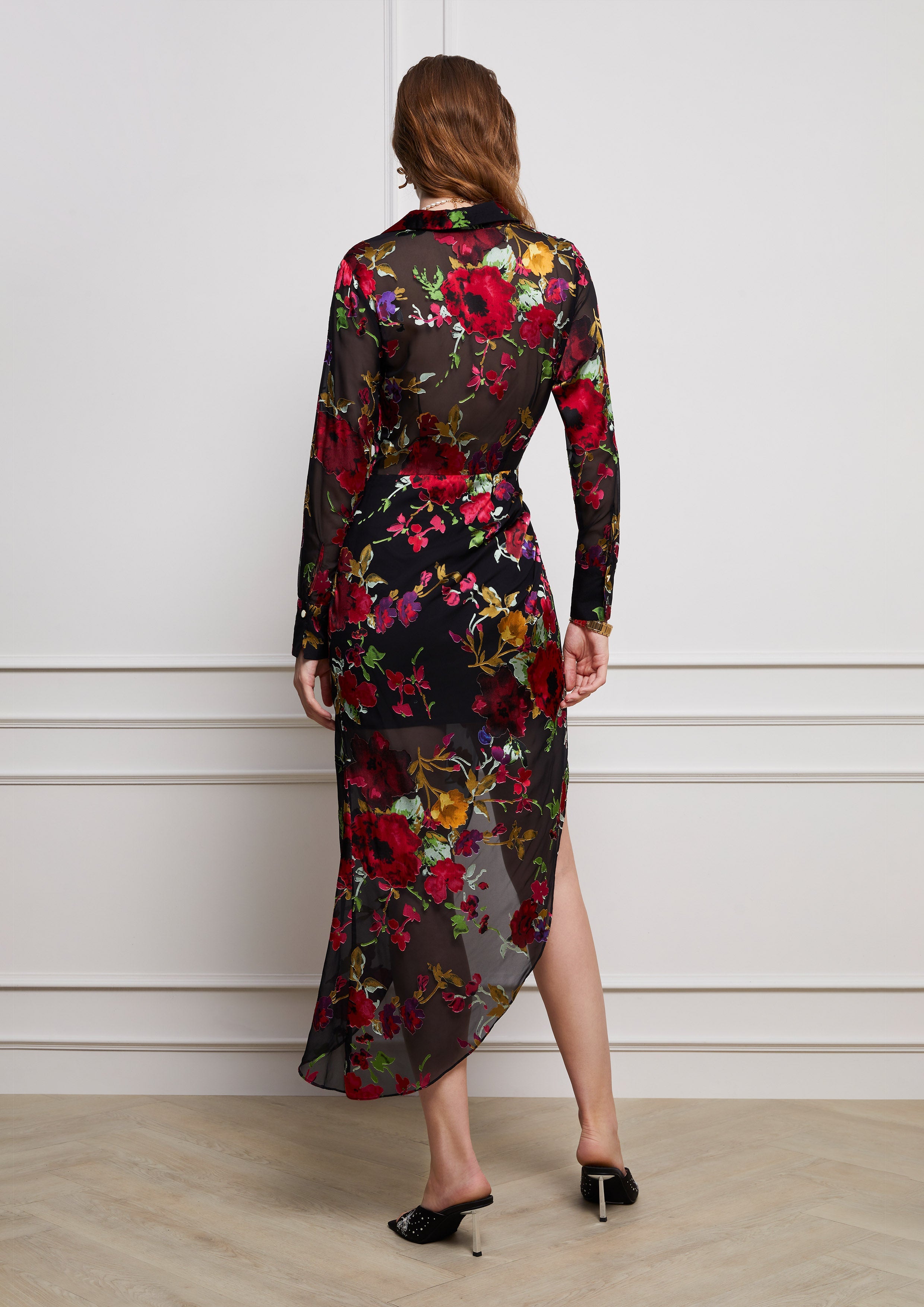 Floral Long Sleeve Asymmetric Midi Dress