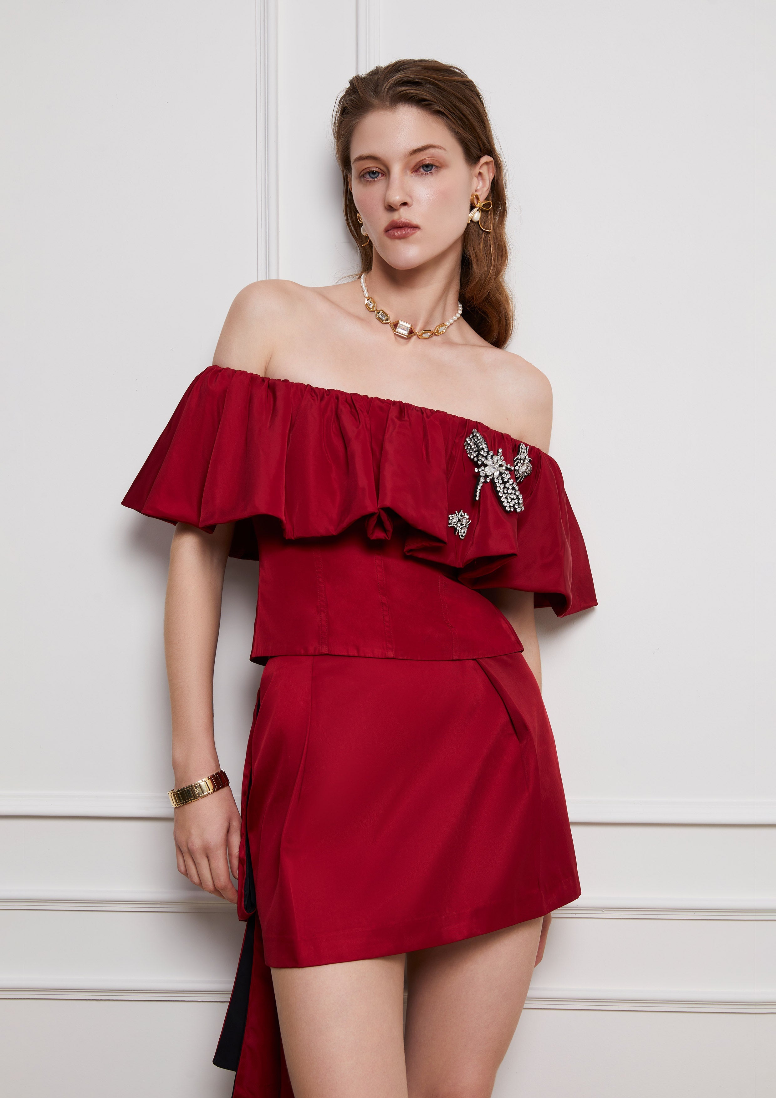 Crystal Embellished Ruffle Off-Shoulder Blouse Lost In Museum Collection