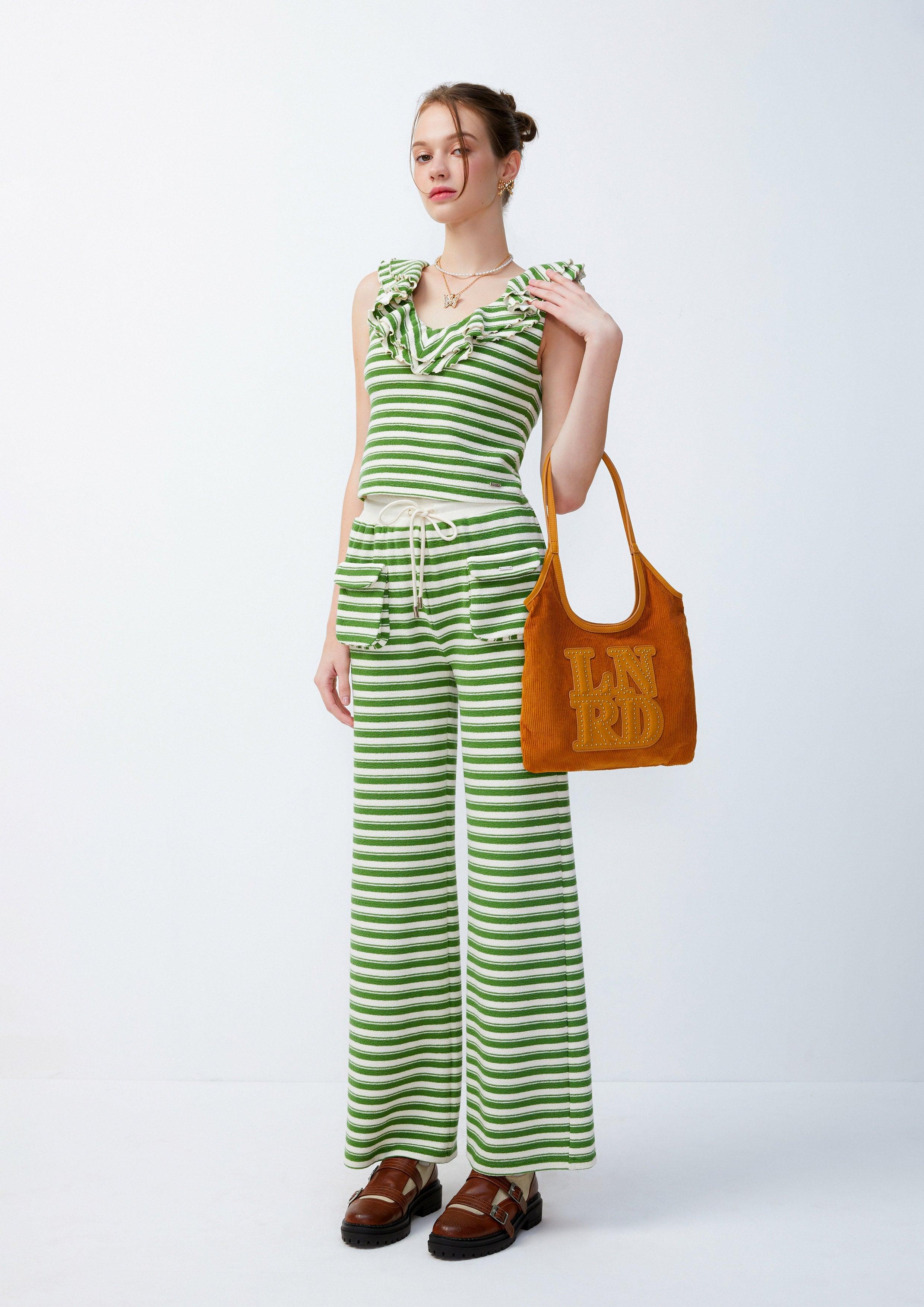 Lost in Museum Sunna Cozy Striped Wide-Leg Trousers Green