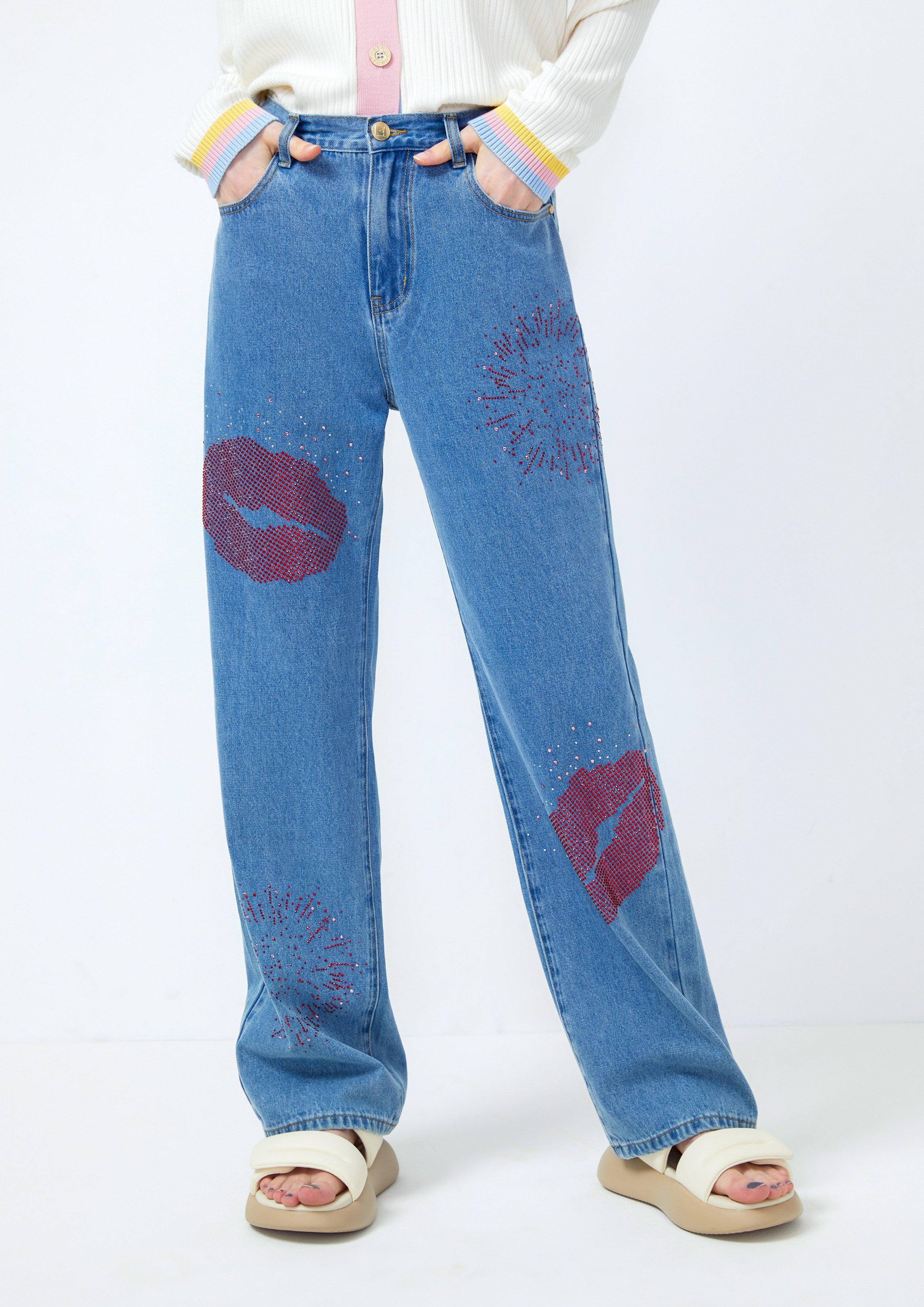 Lost In Museum Crystal Embellished Denim Pants  Blue