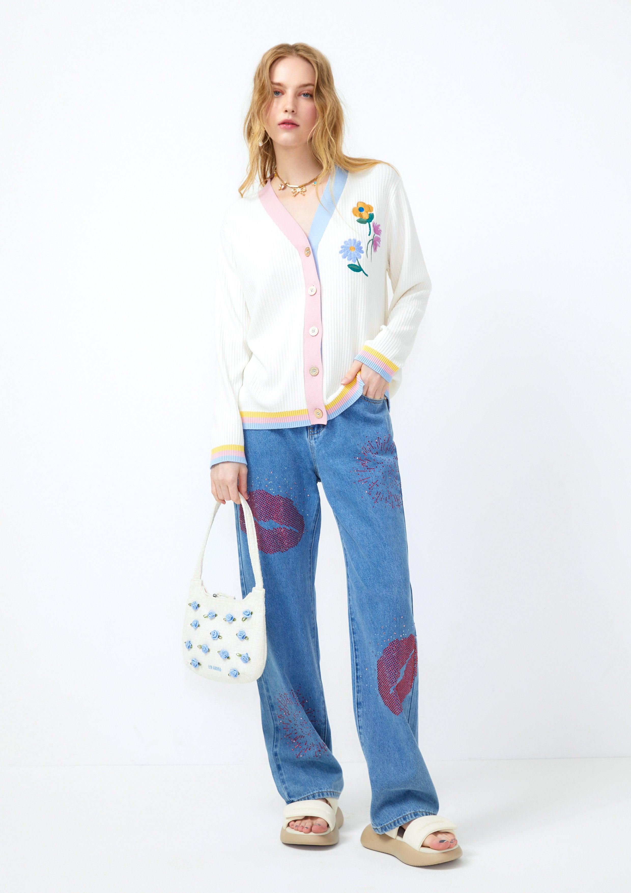 Lost In Museum Crystal Embellished Denim Pants  Blue