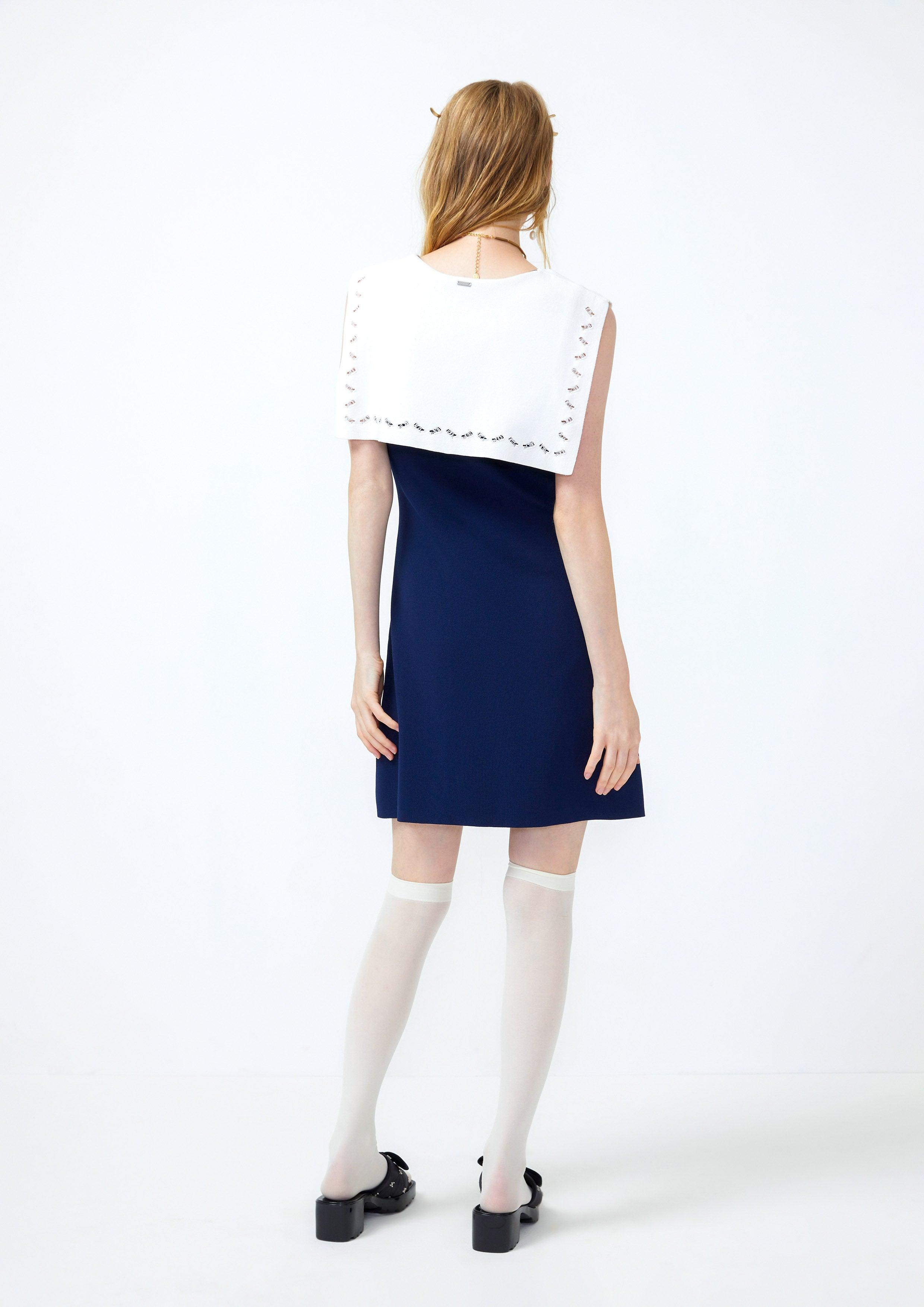 Lost in Museum Sleeveless Dress With Embroidered Collar Blue