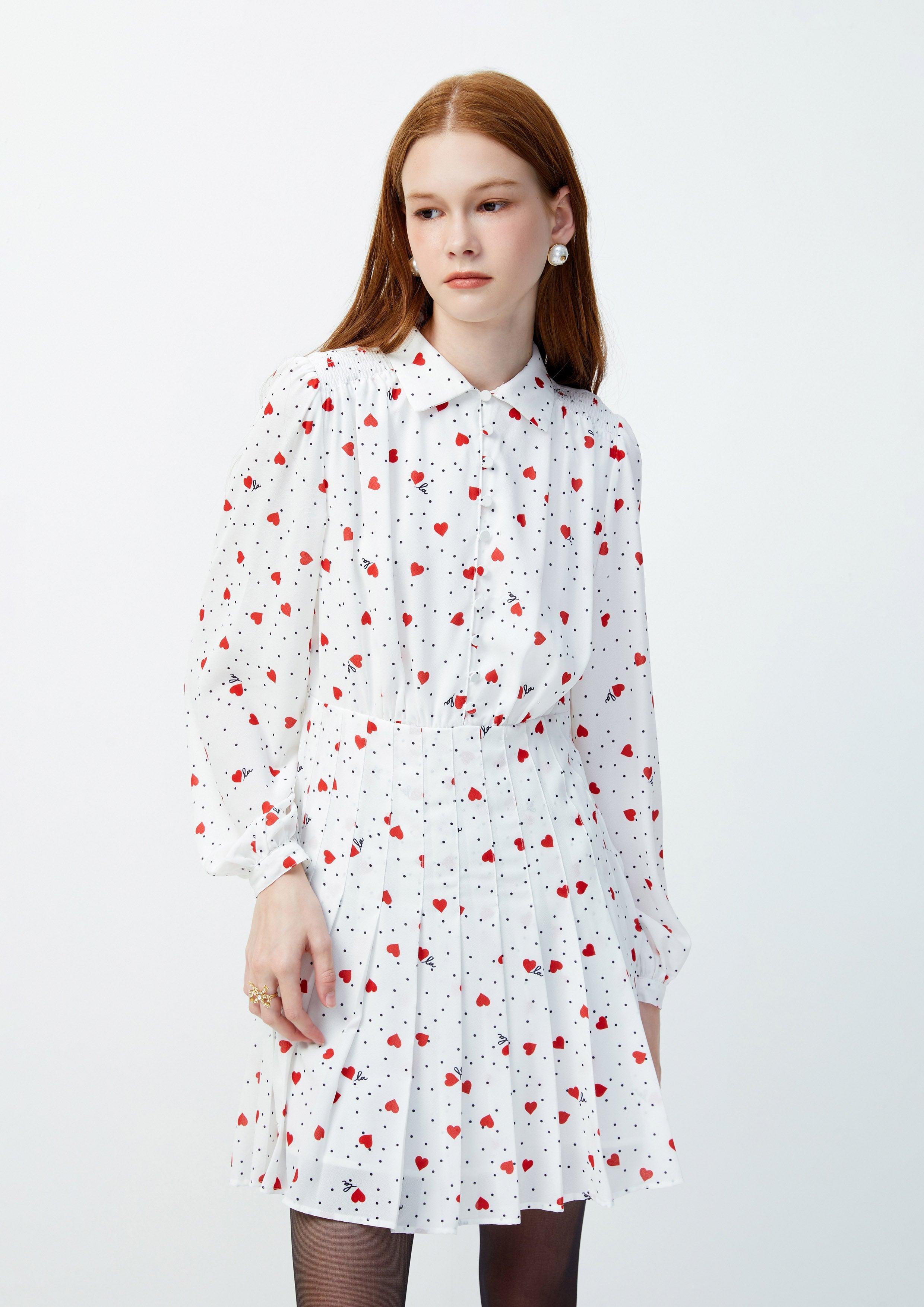 Lost in Museum Heart Polka-Dot Shirt Dress White