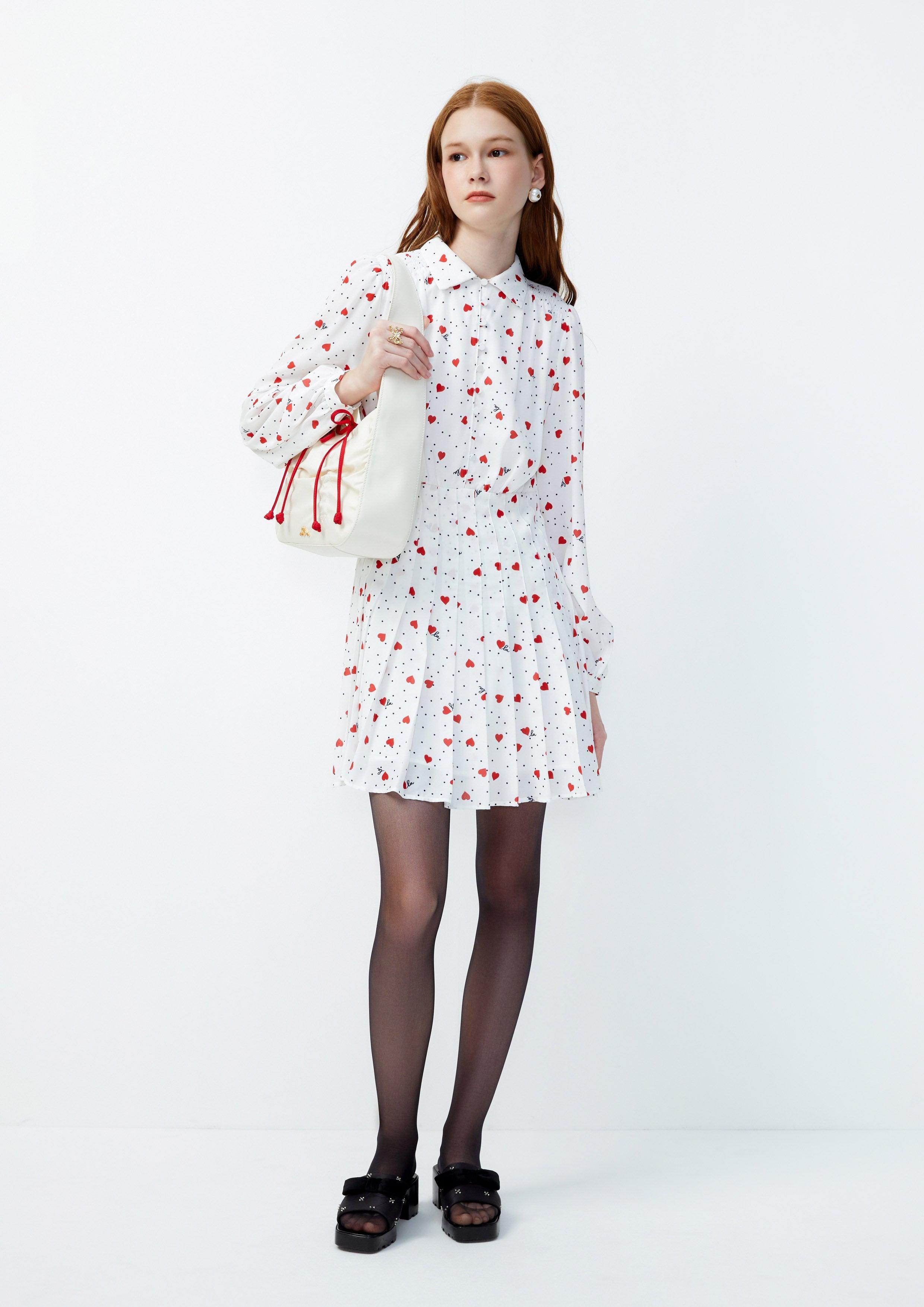 Lost in Museum Heart Polka-Dot Shirt Dress White