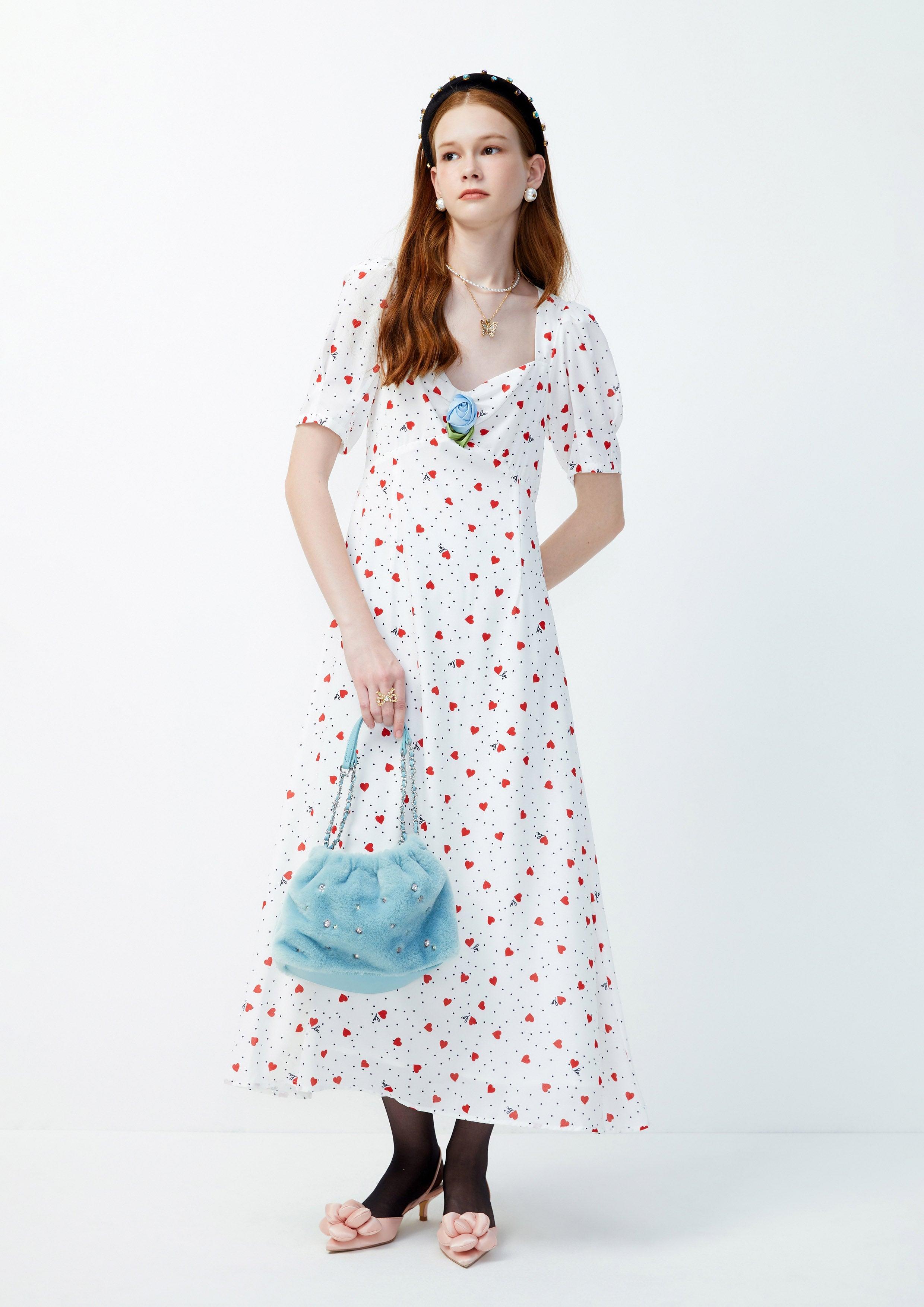 Lost in Museum Heart Polka-Dot Maxi Dress White