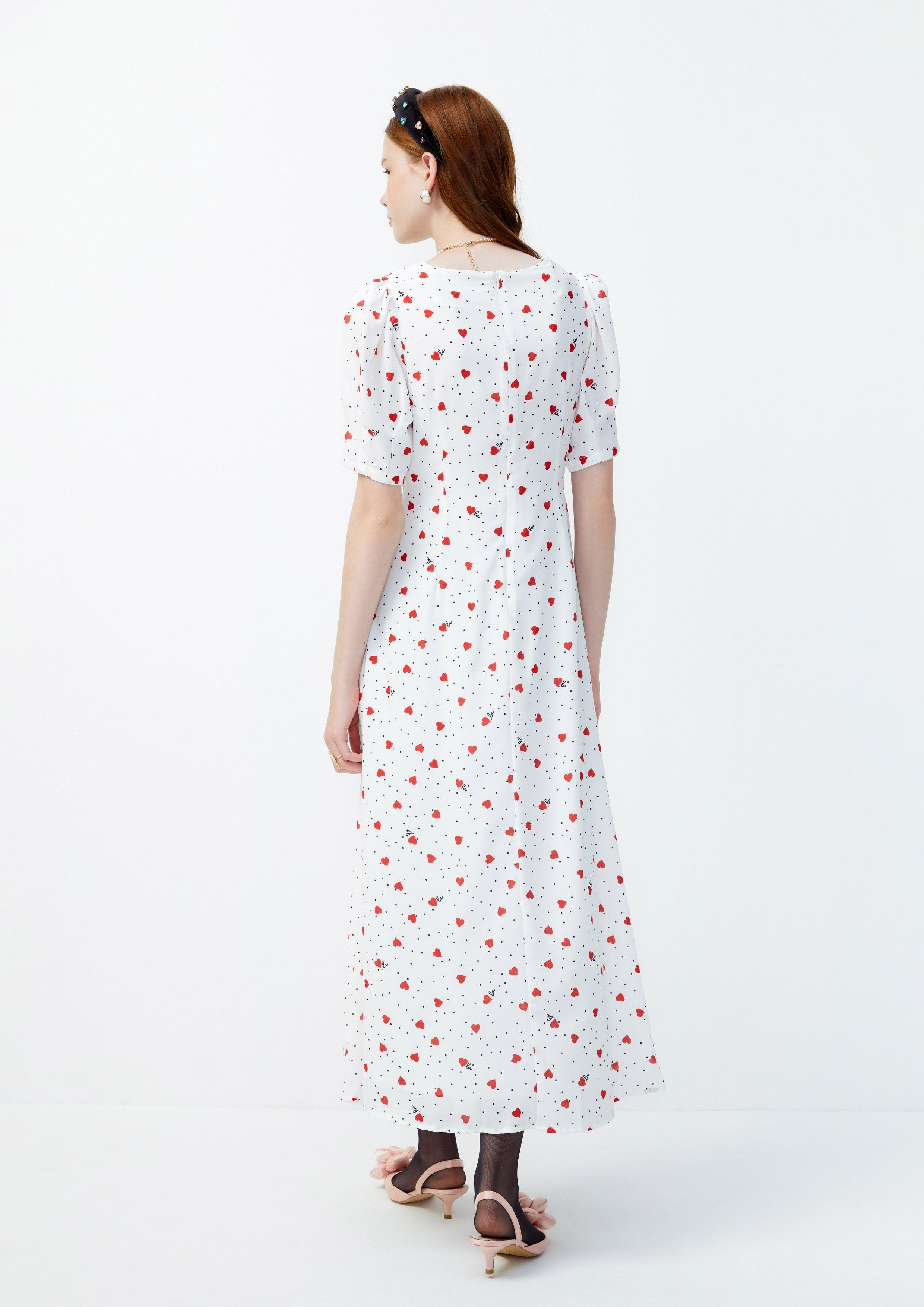 Lost in Museum Heart Polka-Dot Maxi Dress White