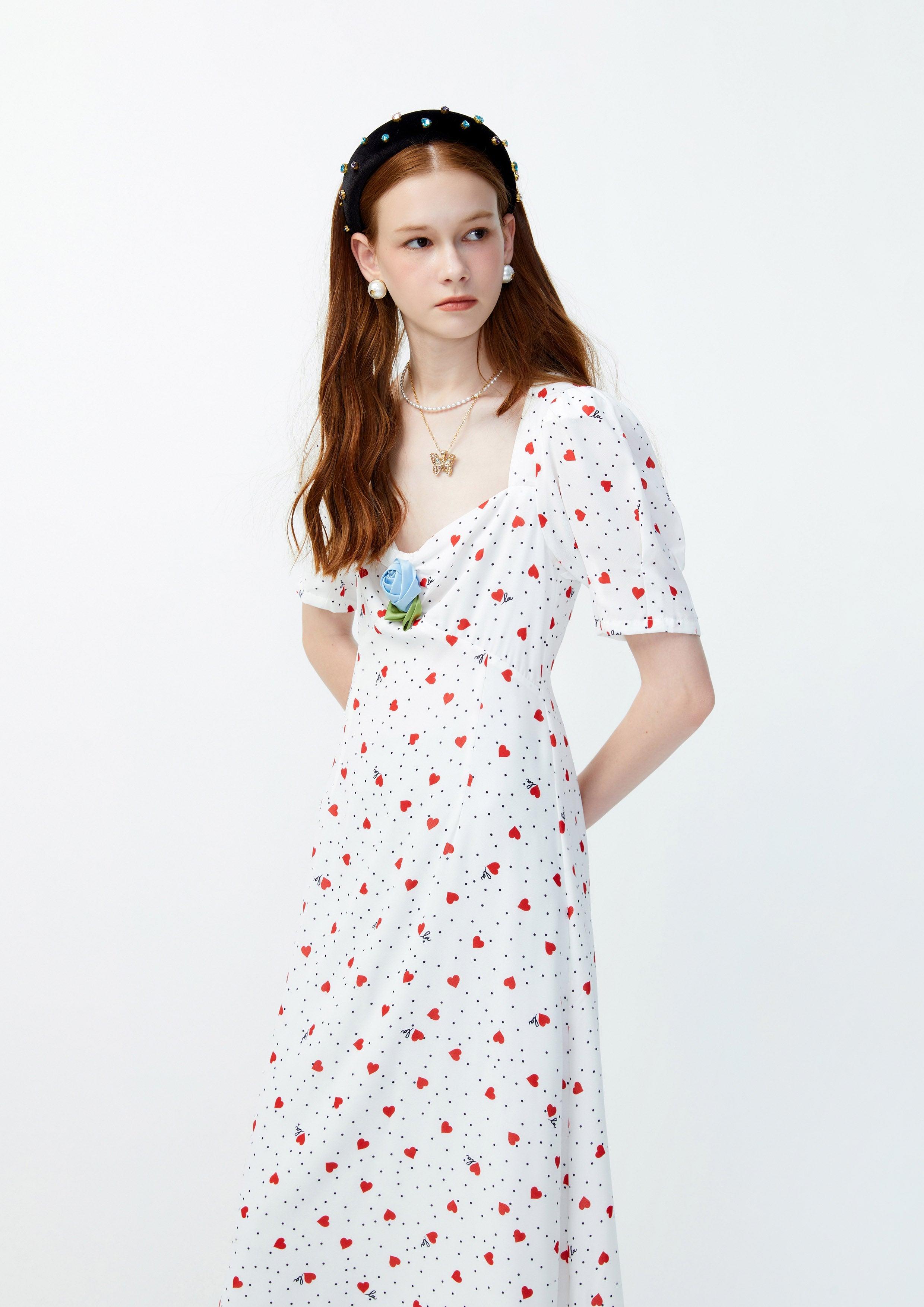 Lost in Museum Heart Polka-Dot Maxi Dress White