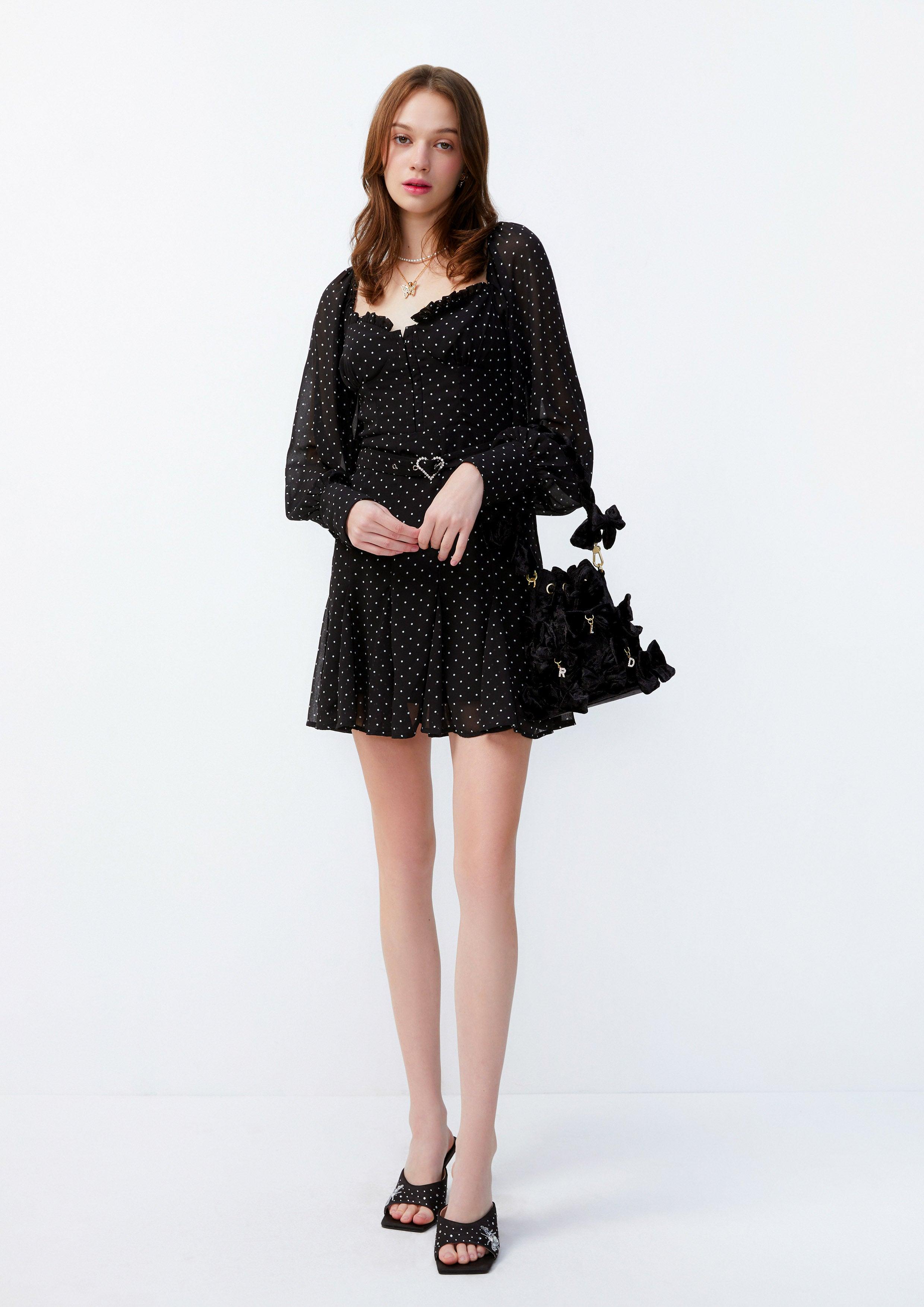 Lost in Museum Crystal Heart Polka-Dot Mini Dress Black