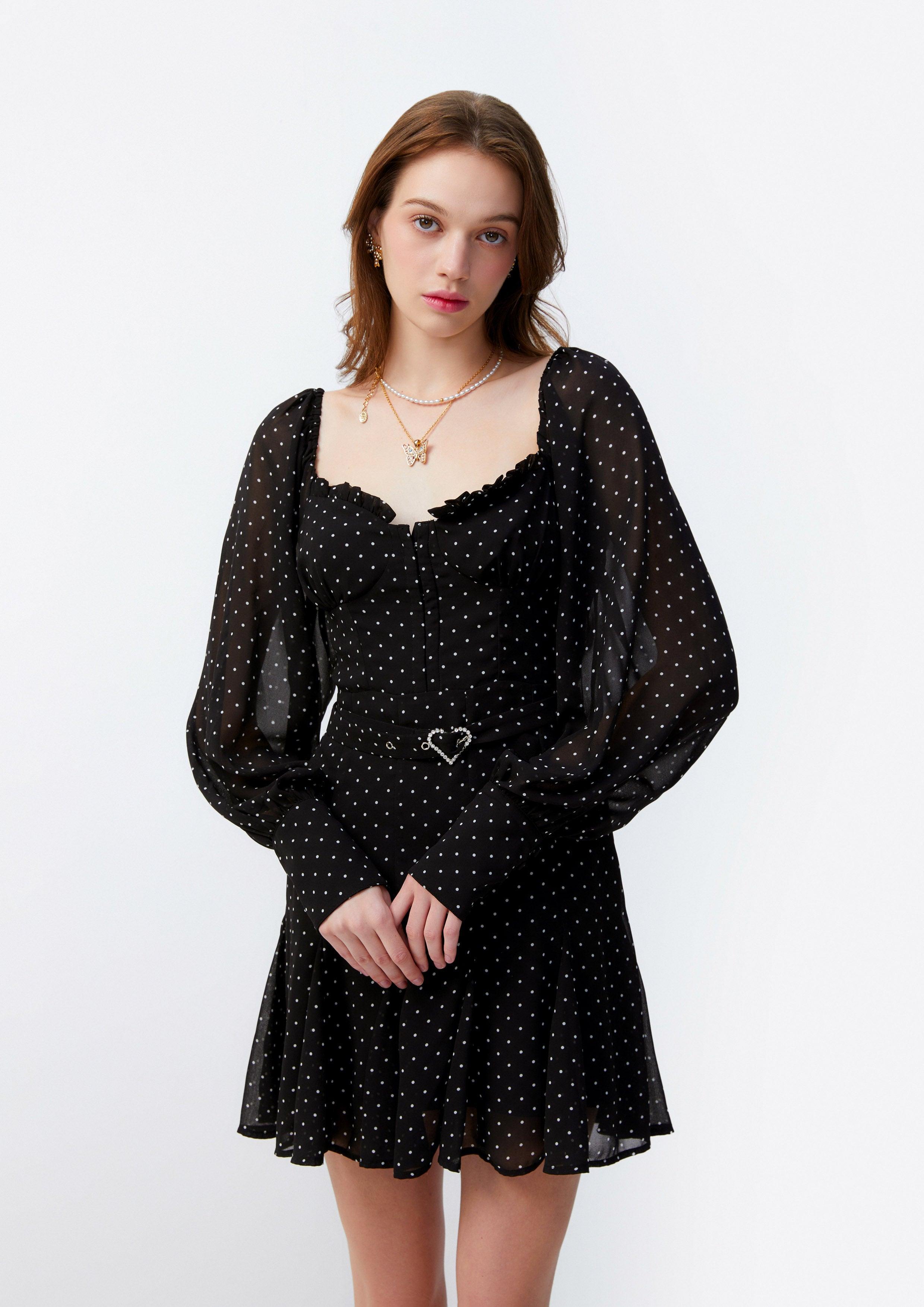 Lost in Museum Crystal Heart Polka-Dot Mini Dress Black