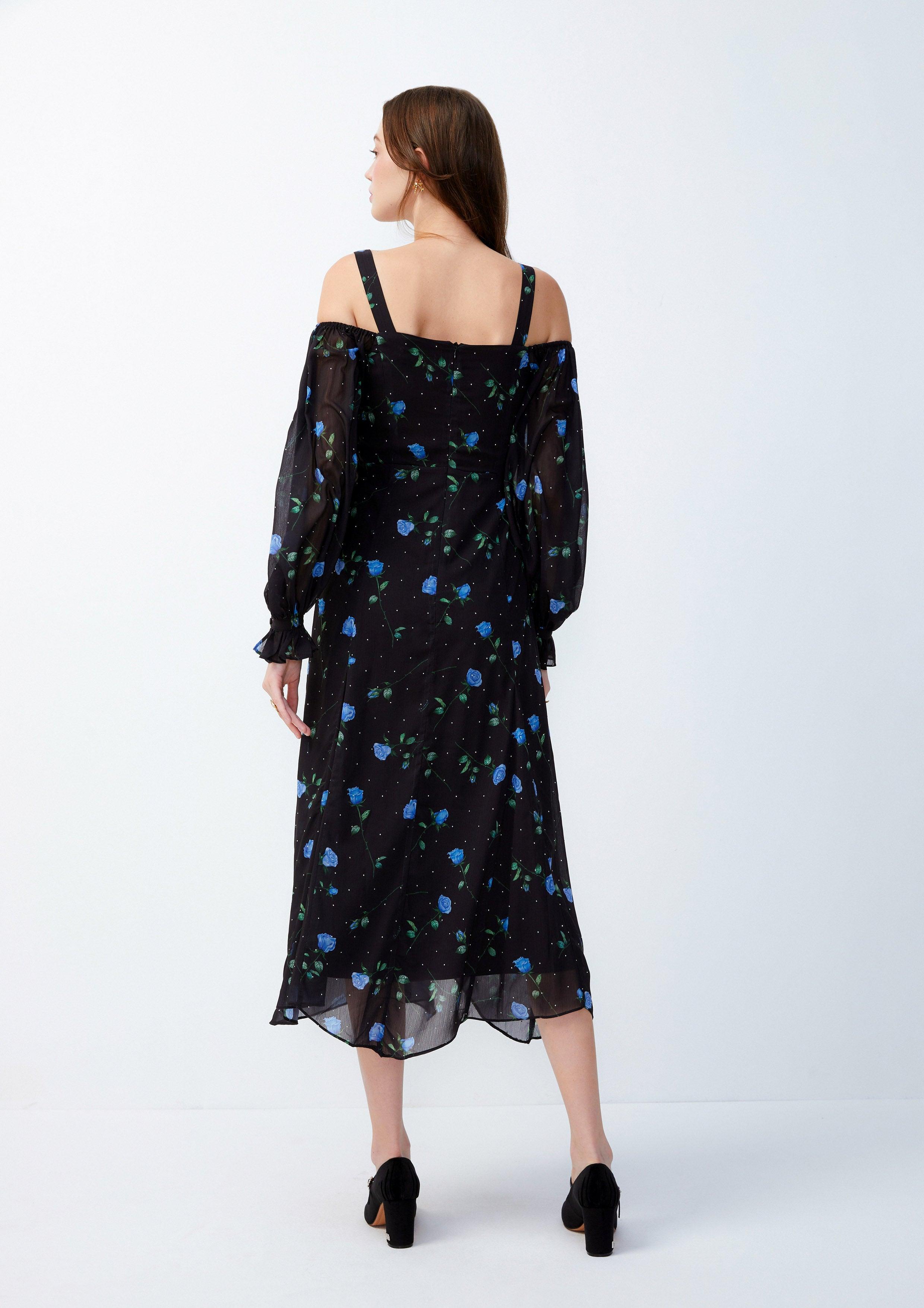 Lost in Museum Rose Monogram Sheer Puffed Sleeves Maxi Dress Black