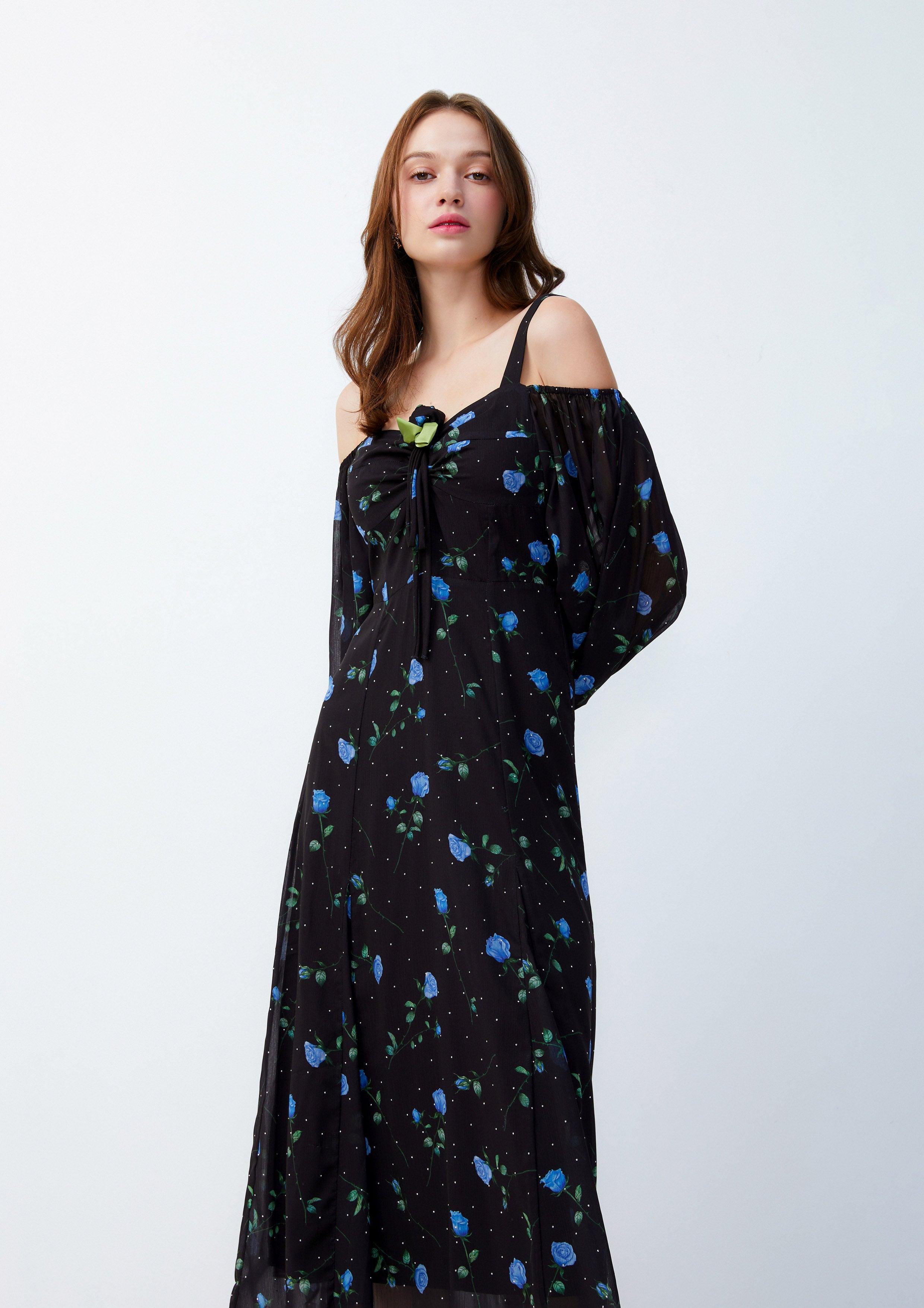 Lost in Museum Rose Monogram Sheer Puffed Sleeves Maxi Dress Black