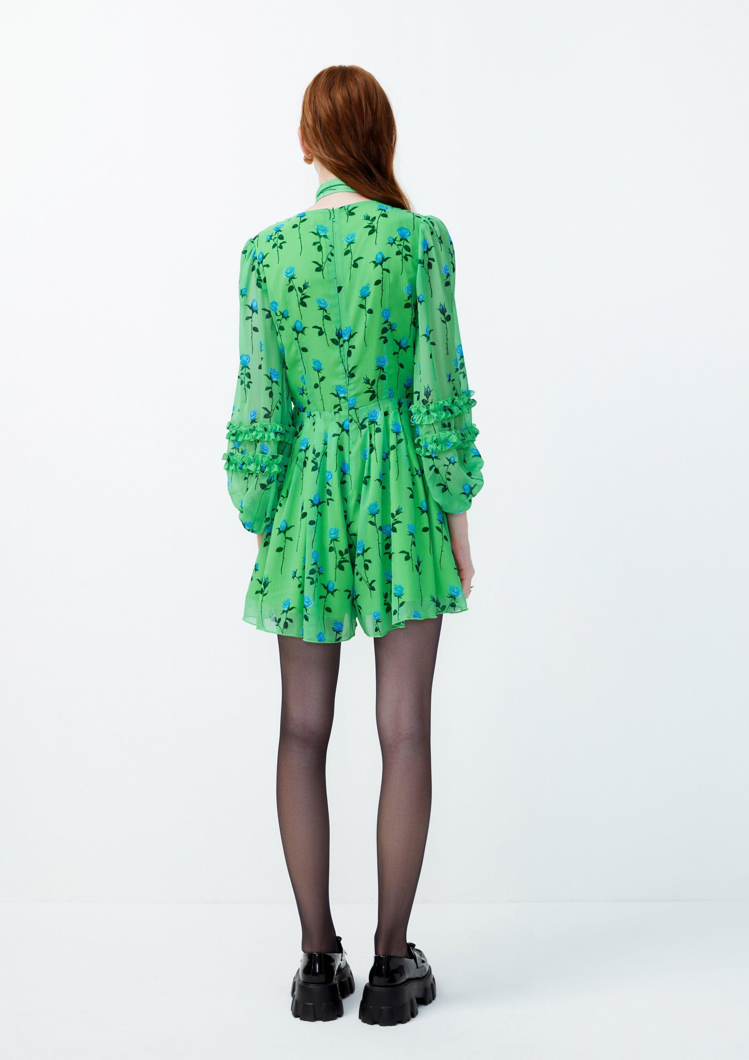 Lost In Museum Rose Monogram Puffed Shirt Dress Printed Green