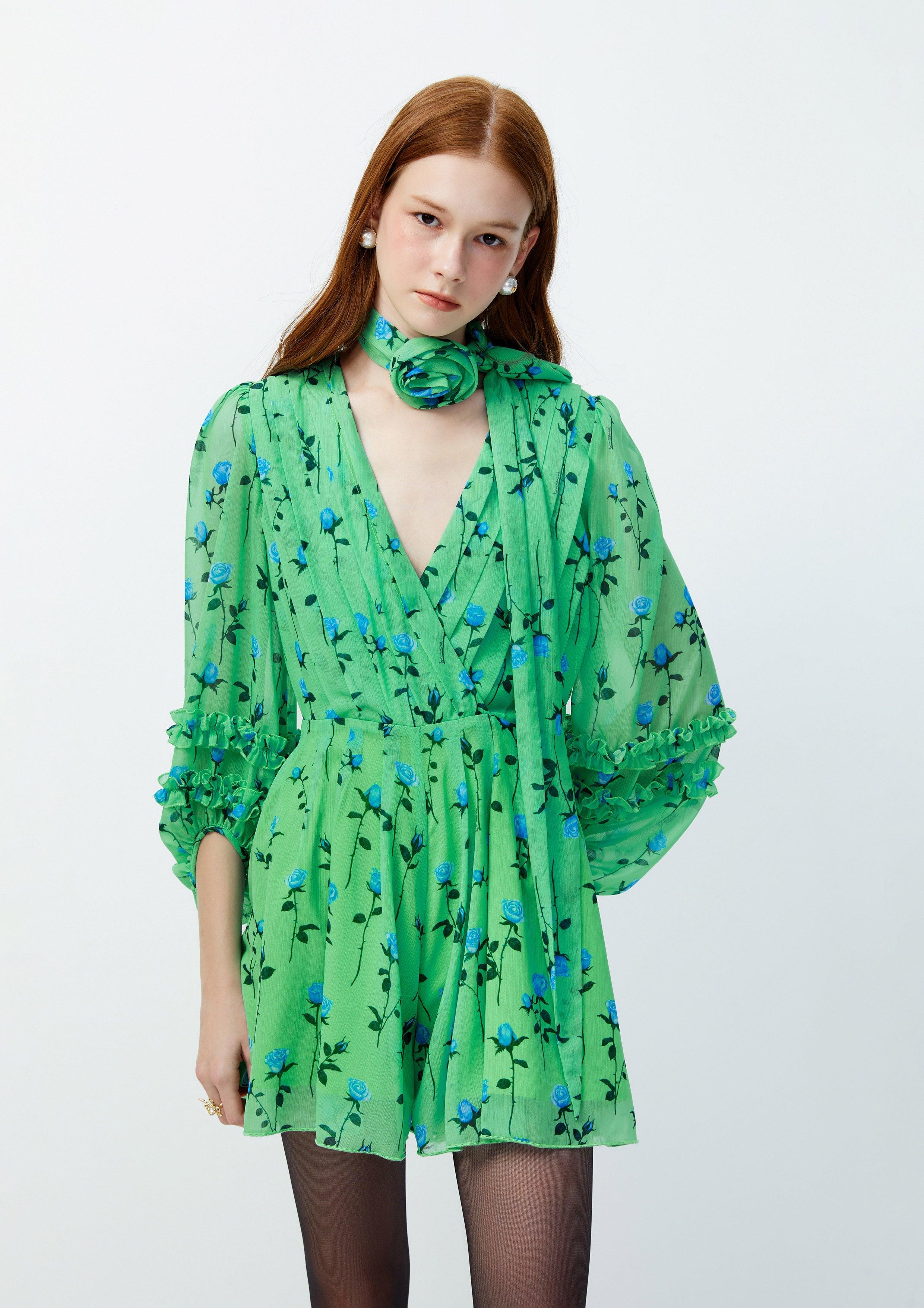 Lost In Museum Rose Monogram Puffed Shirt Dress Printed Green