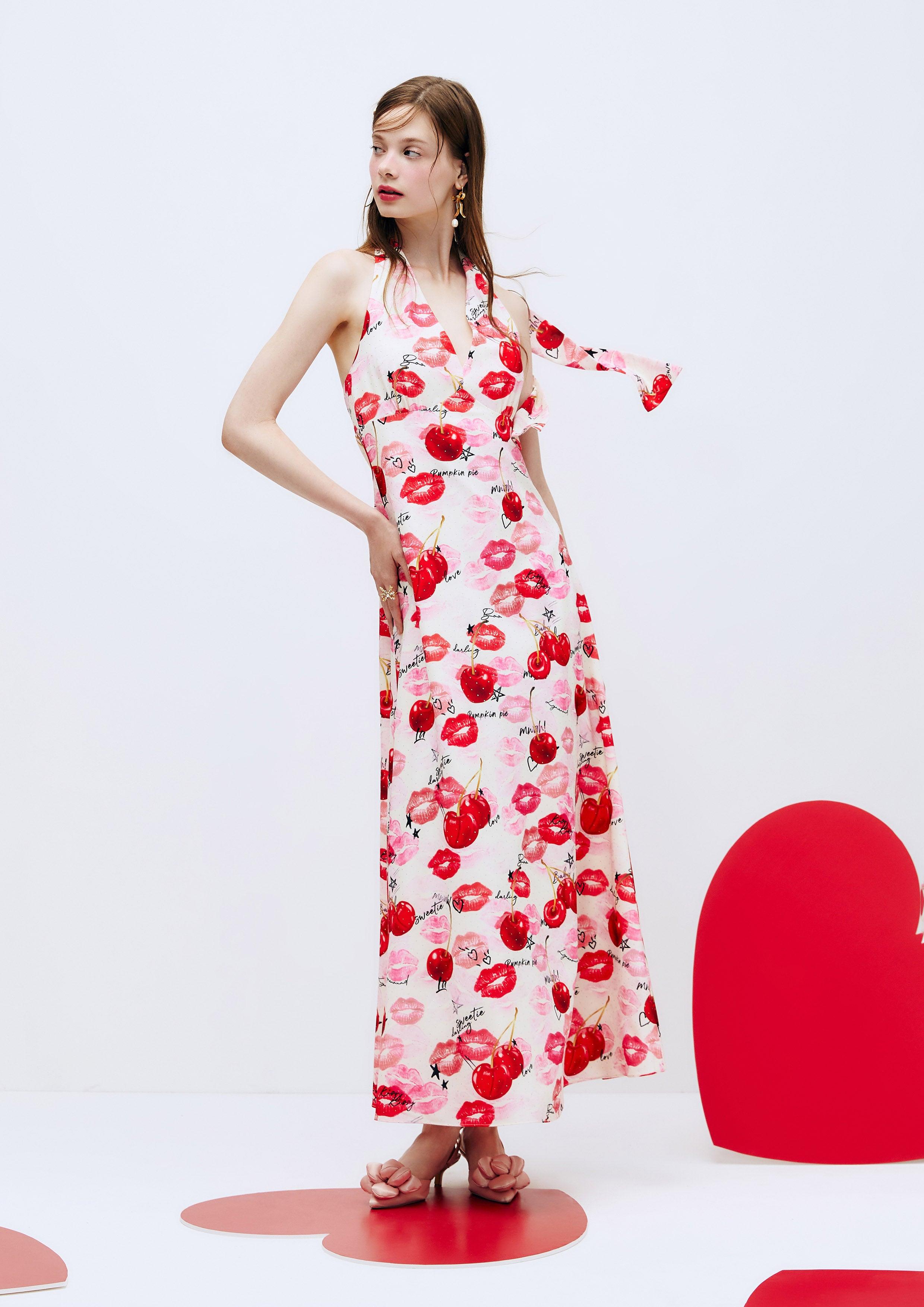 Lost In Museum Cherry Print Halter Dress Multi Color