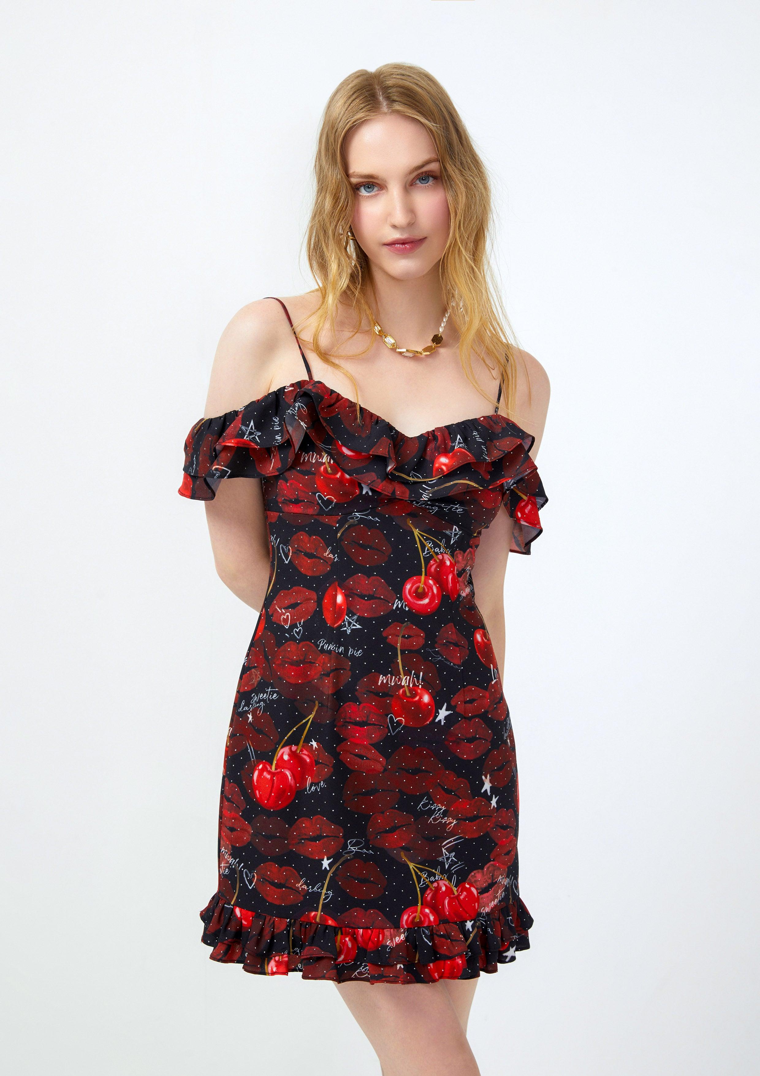 Lost in Museum Cherry Print Mini Dress Multi Color