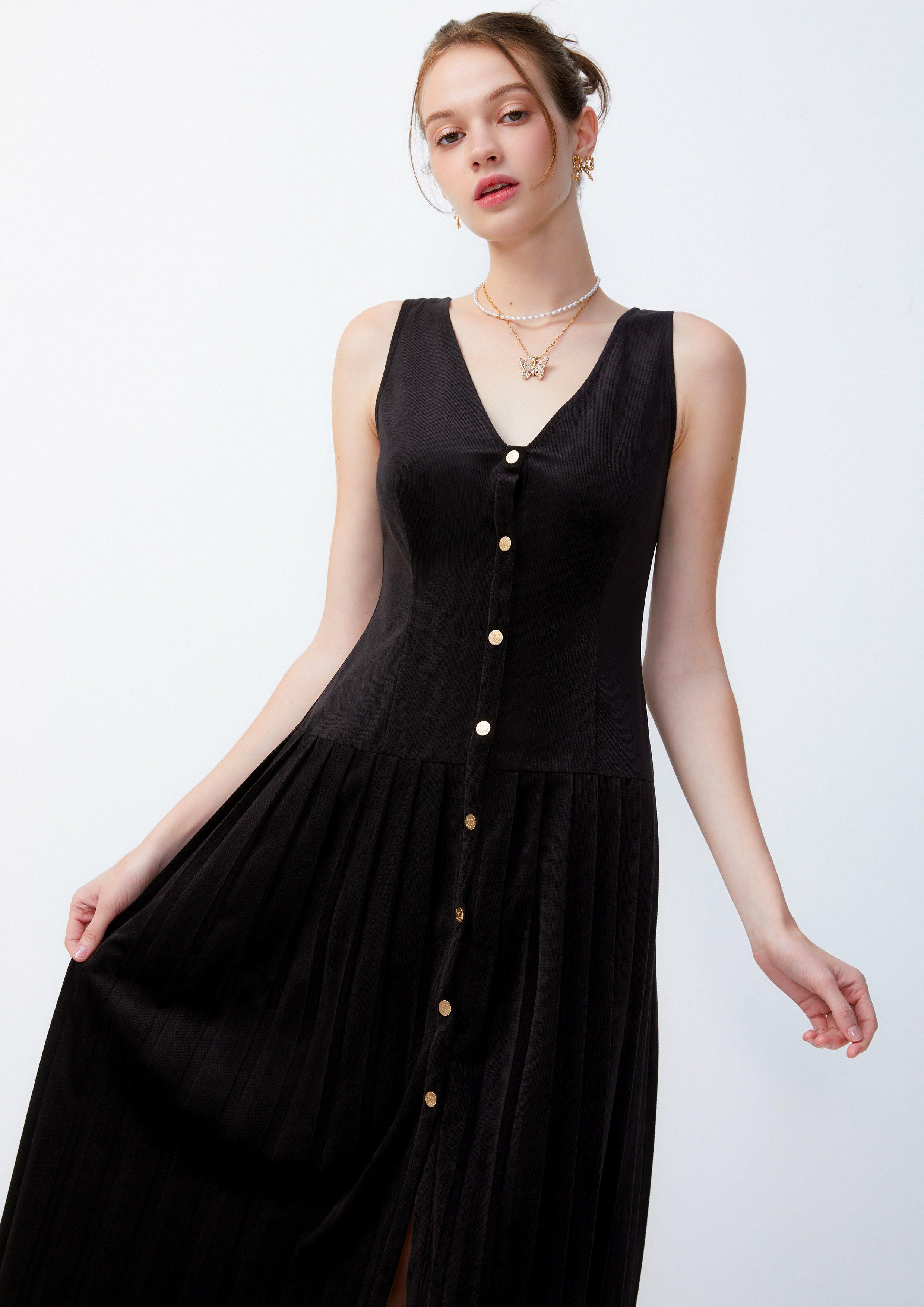 Lost In Museum Sleeveless Button Dress Black