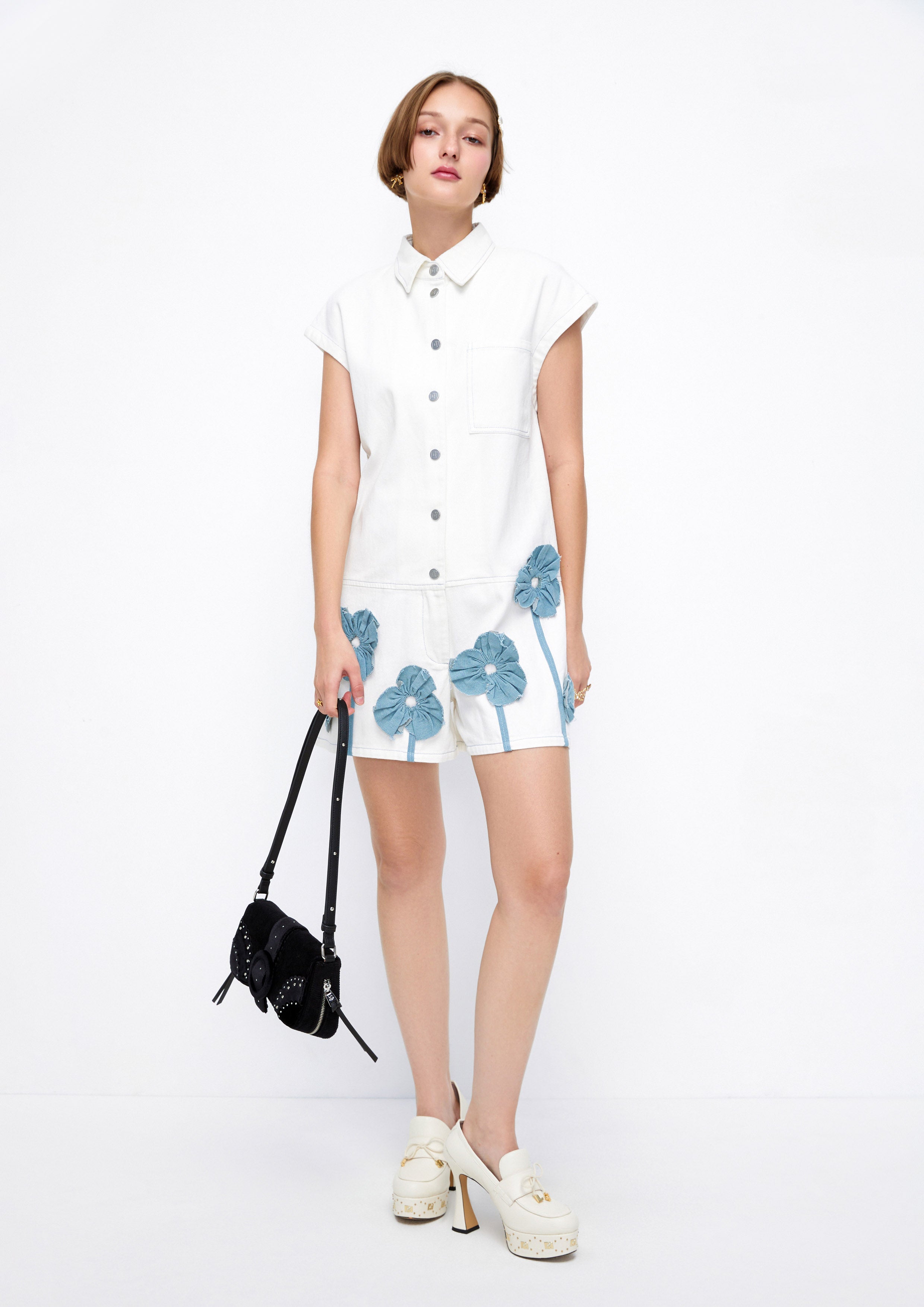 Ruffle Floral Applique Sleeveless Denim Romper Lost In Museum Collection