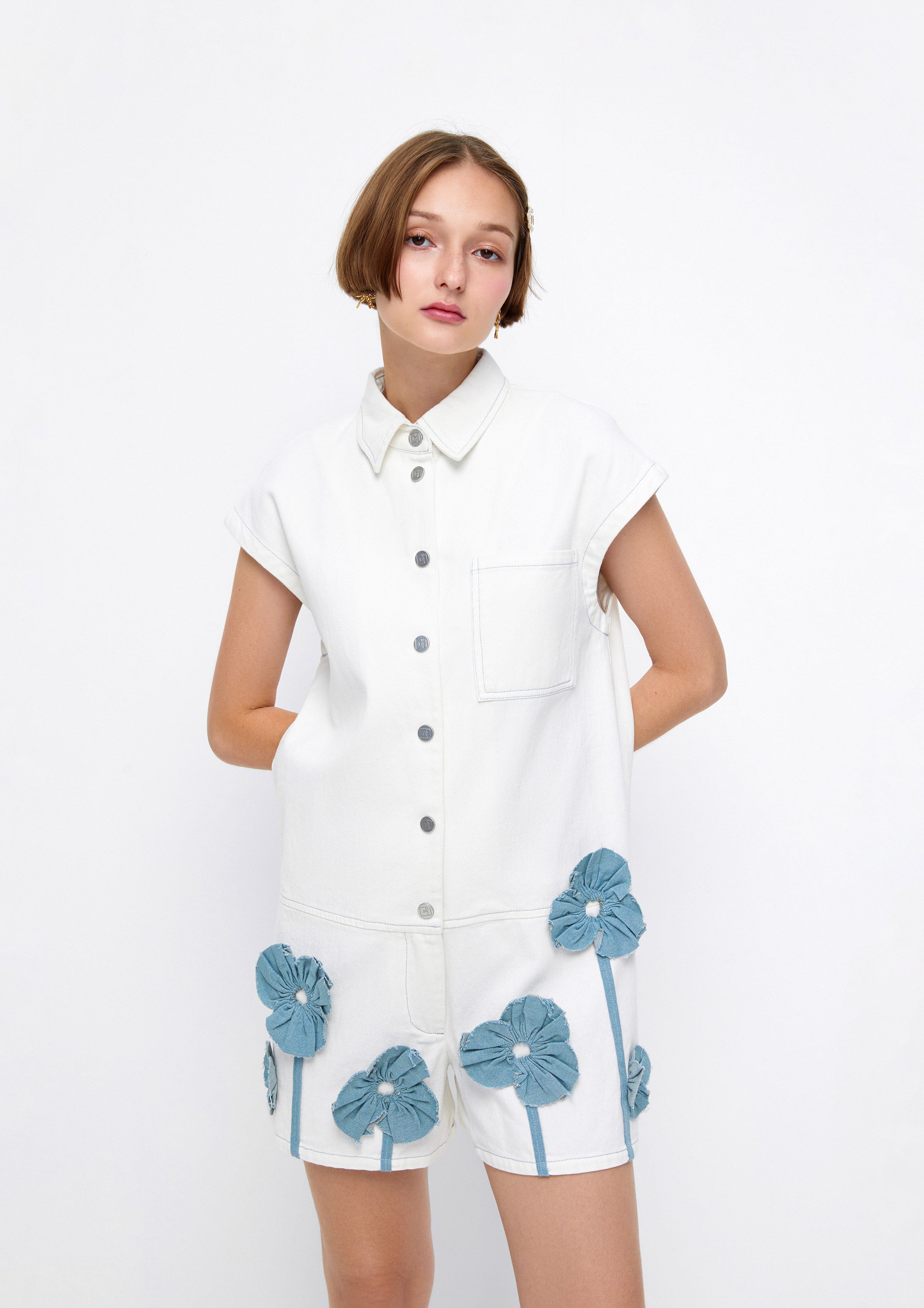 Ruffle Floral Applique Sleeveless Denim Romper Lost In Museum Collection