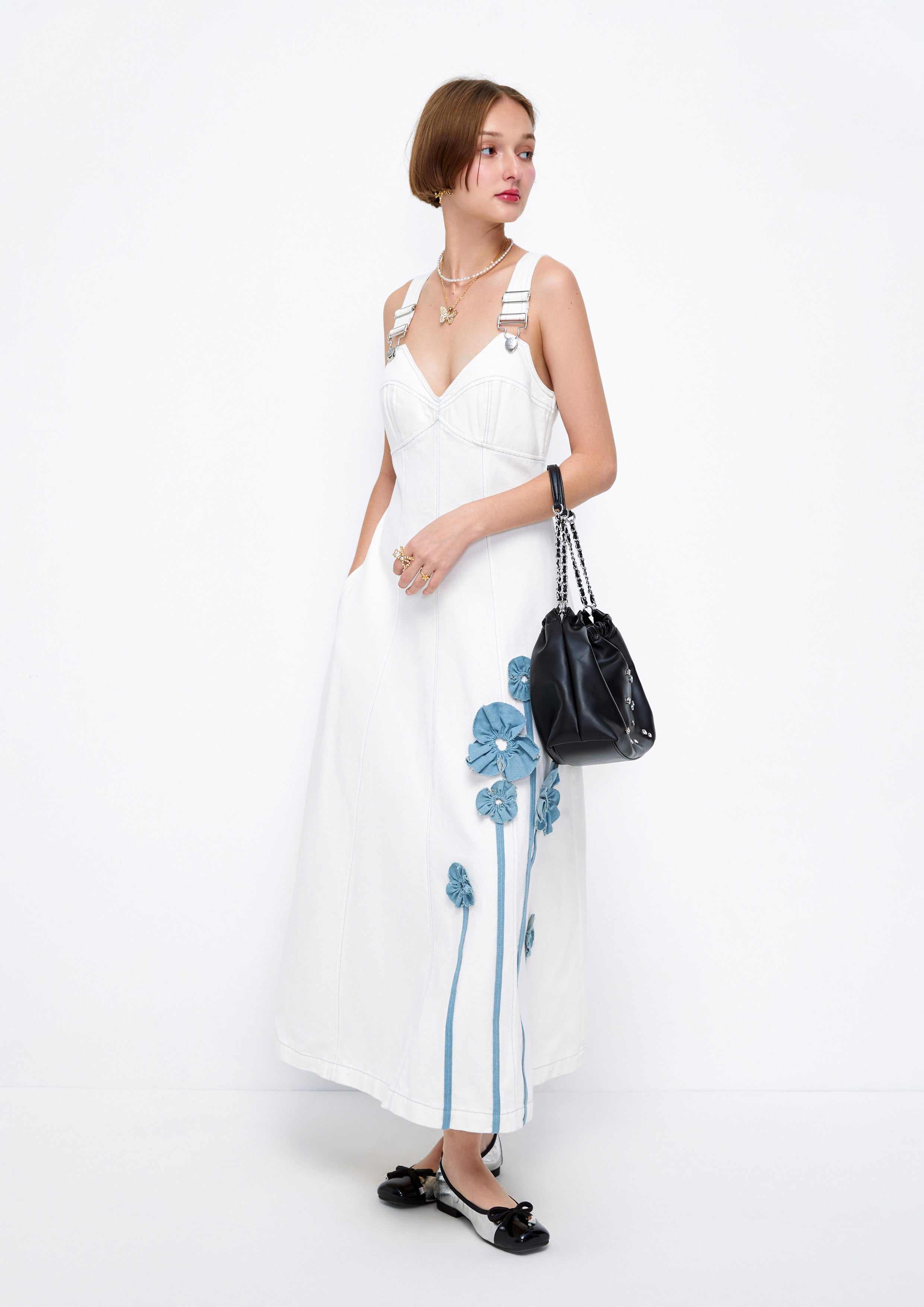 Ruffle Floral Applique Sleeveless Denim Maxi Dress Lost In Museum Collection