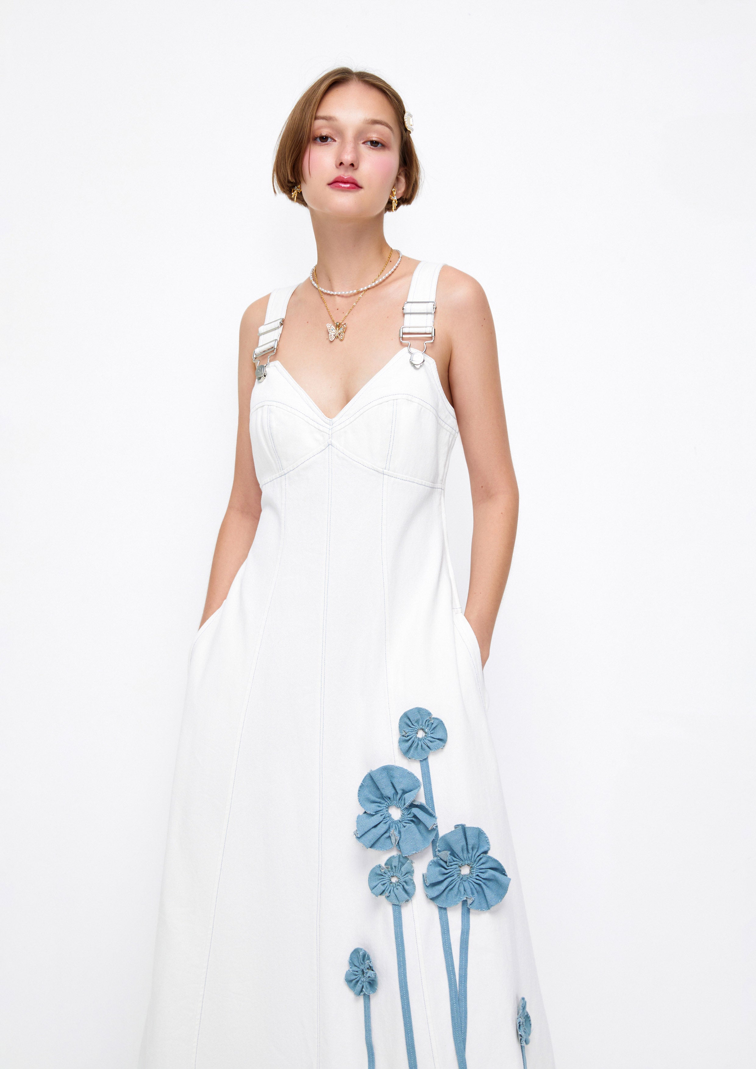 Ruffle Floral Applique Sleeveless Denim Maxi Dress Lost In Museum Collection