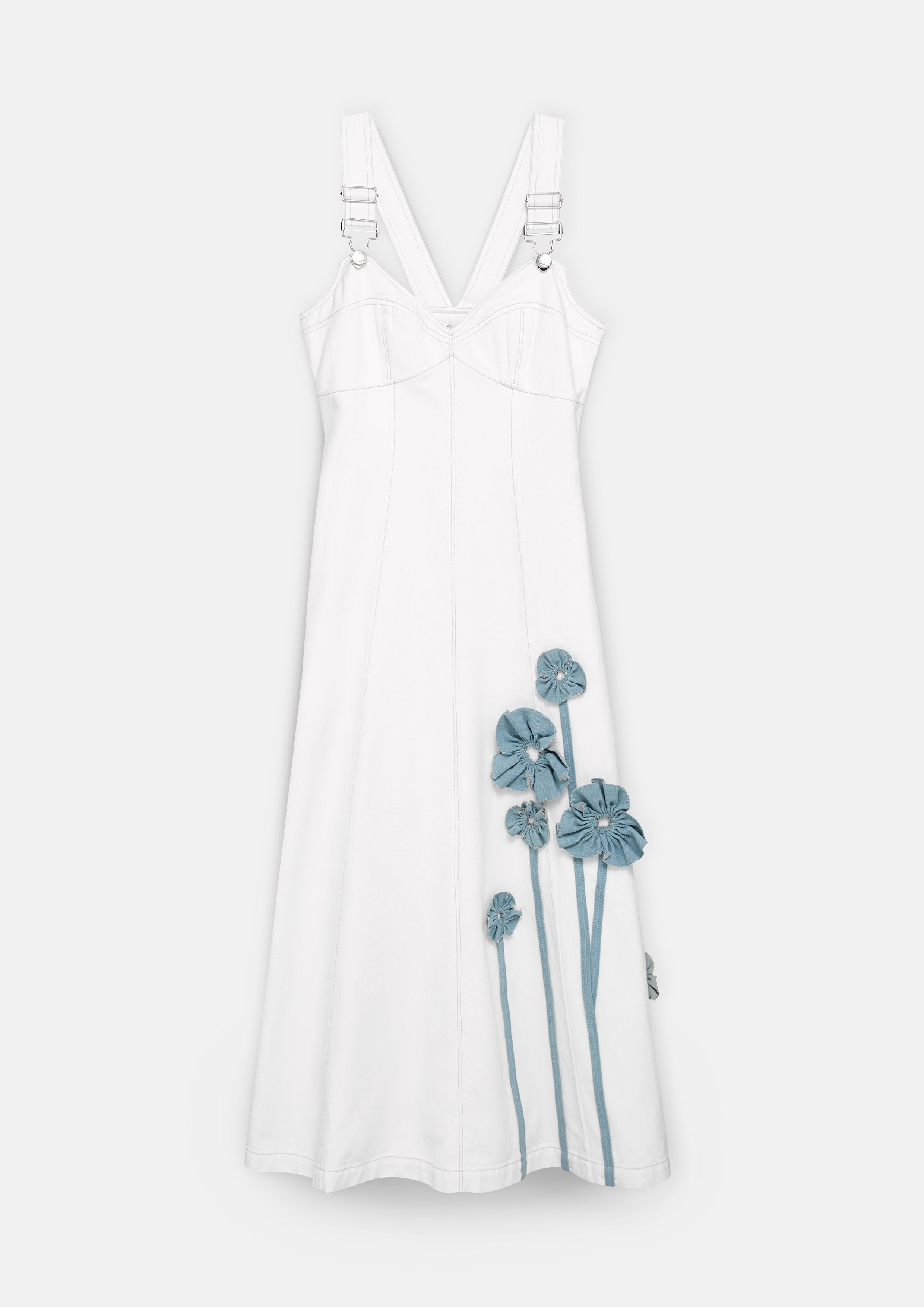 Ruffle Floral Applique Sleeveless Denim Maxi Dress Lost In Museum Collection