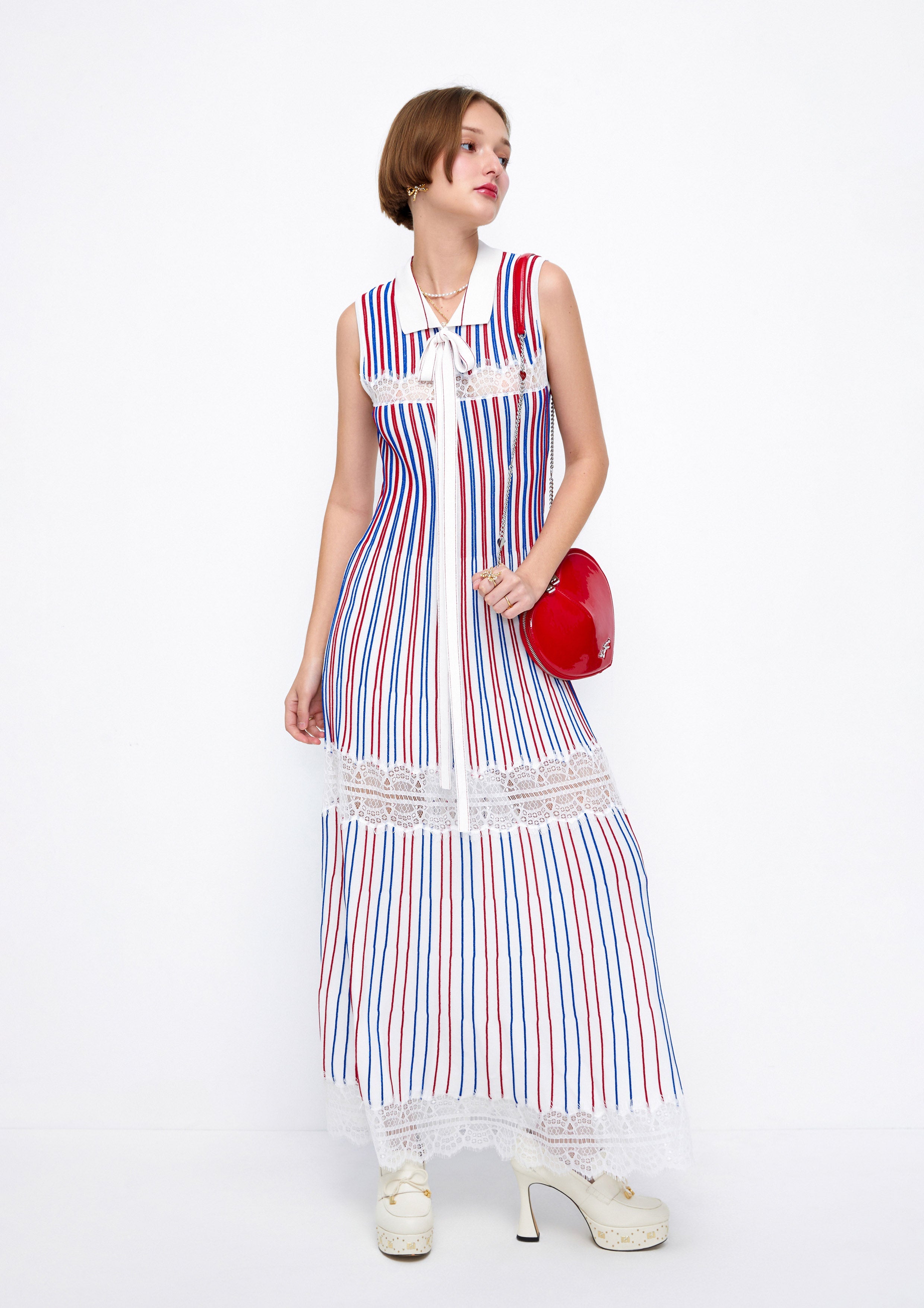 Bow Tie Lace Trim Striped Maxi Dress Lost In Museum Collection