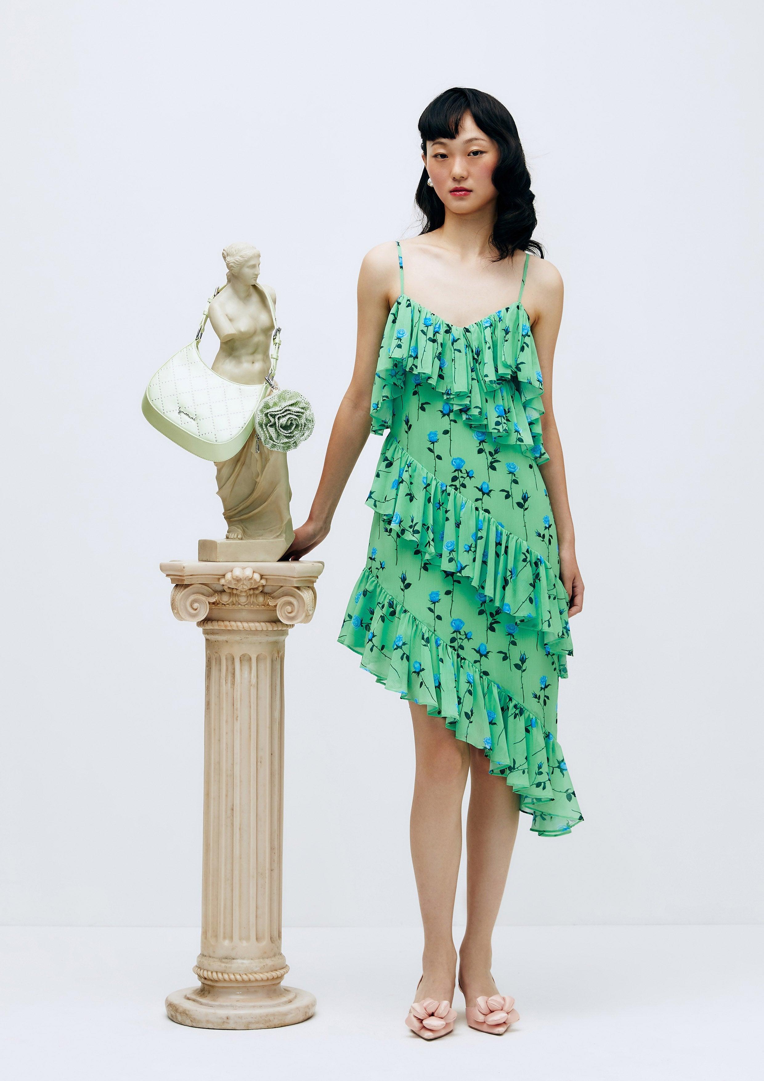 Ruffled Floral Monogram Midi Dress Printed Green