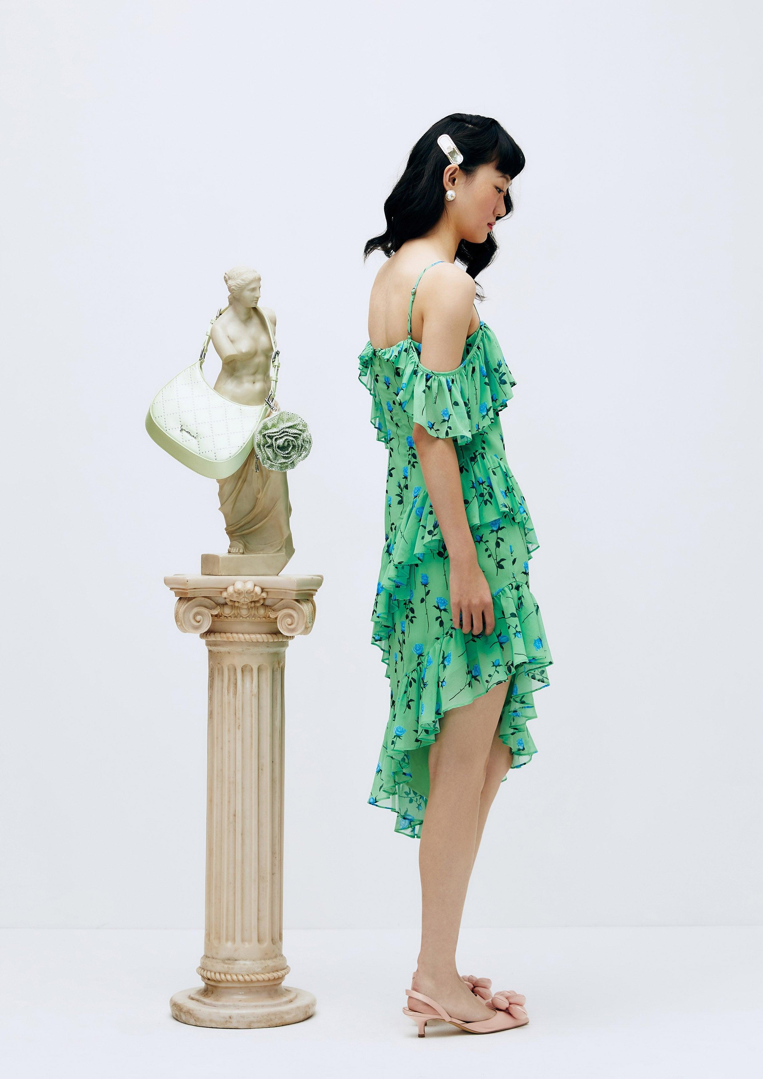 Ruffled Floral Monogram Midi Dress Printed Green