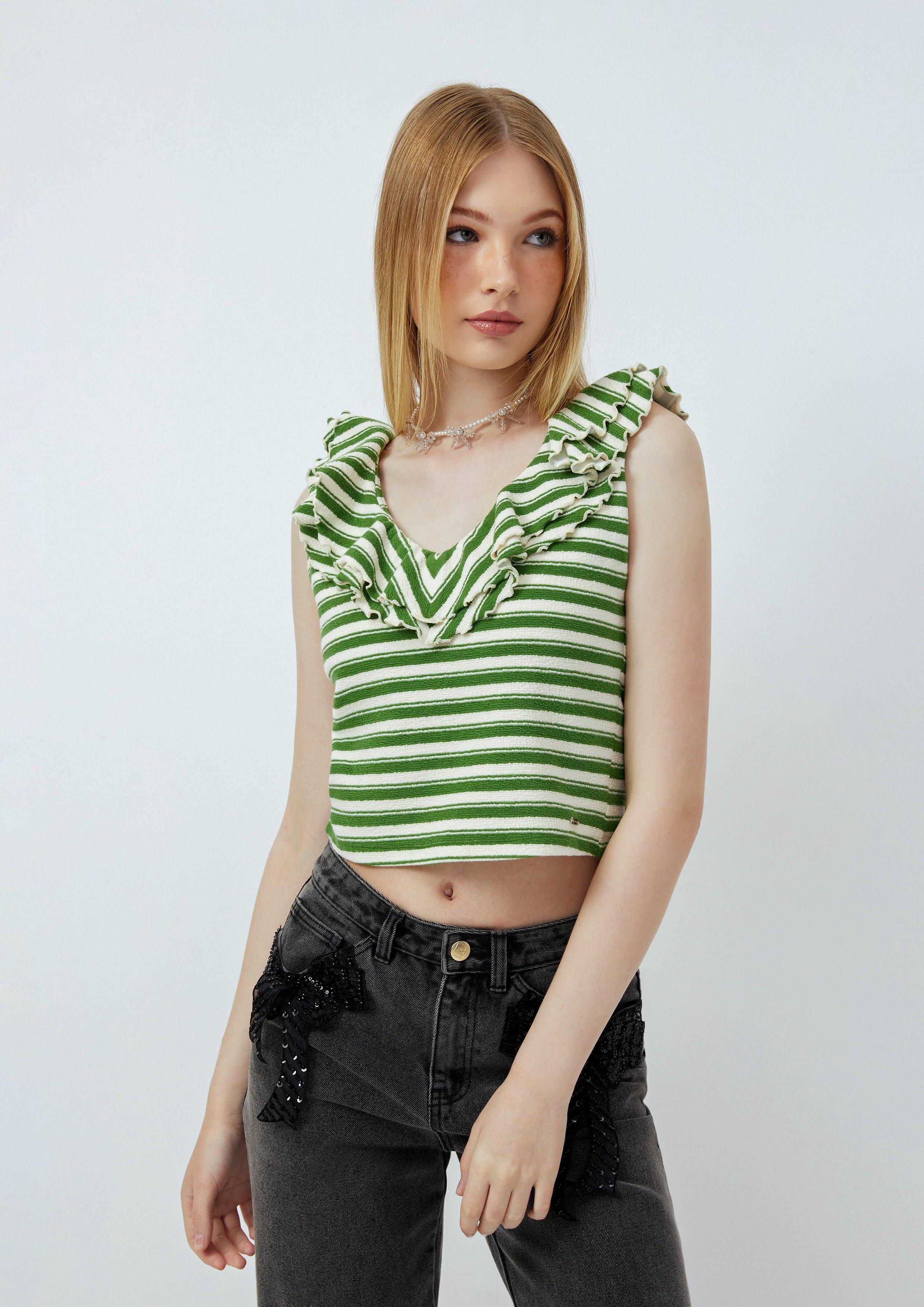 Lost in Museum Sunna Sleeveless Striped Cropped Tank Top Green