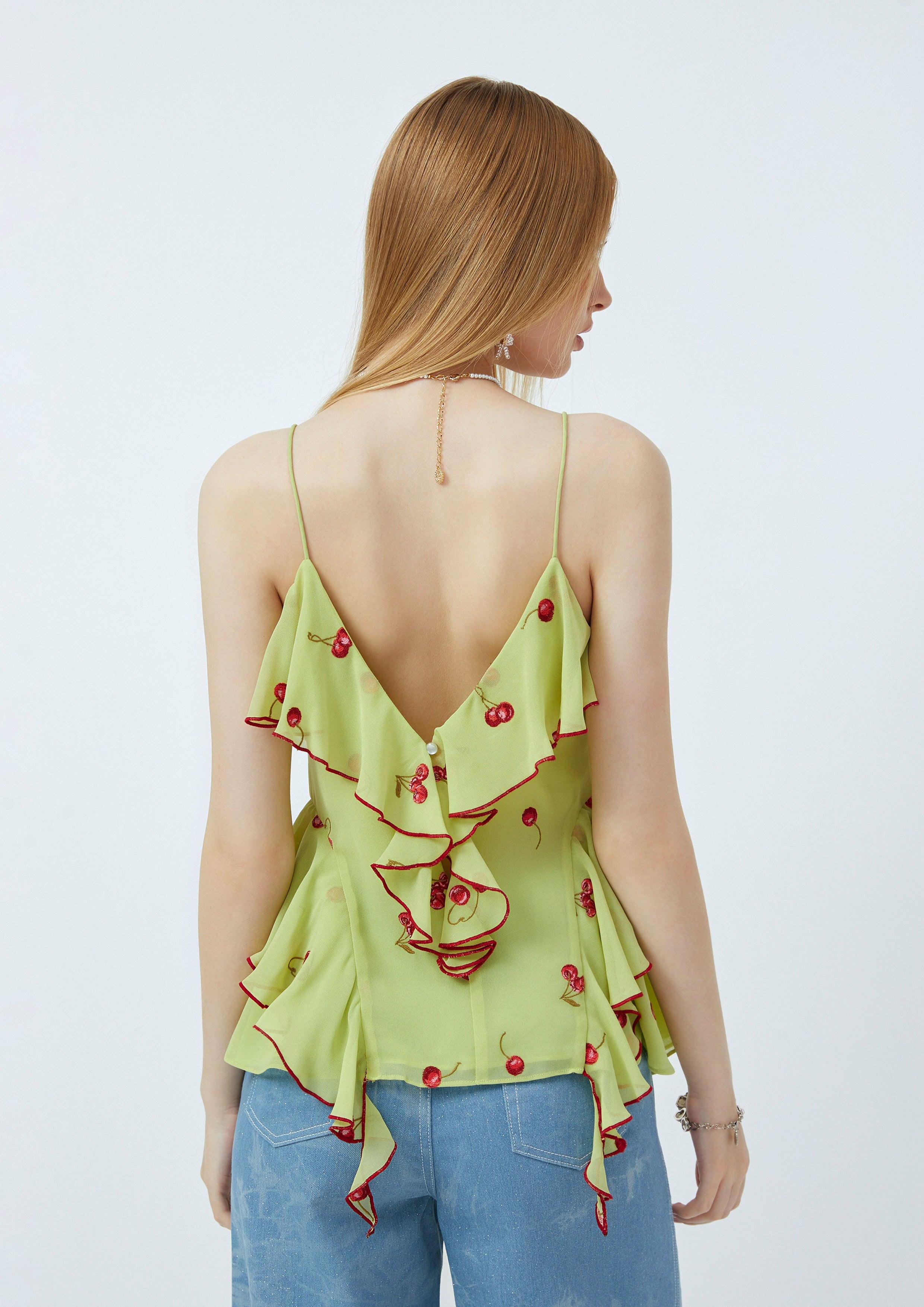 Lost in Museum Cherry Print Ruffle Top Green