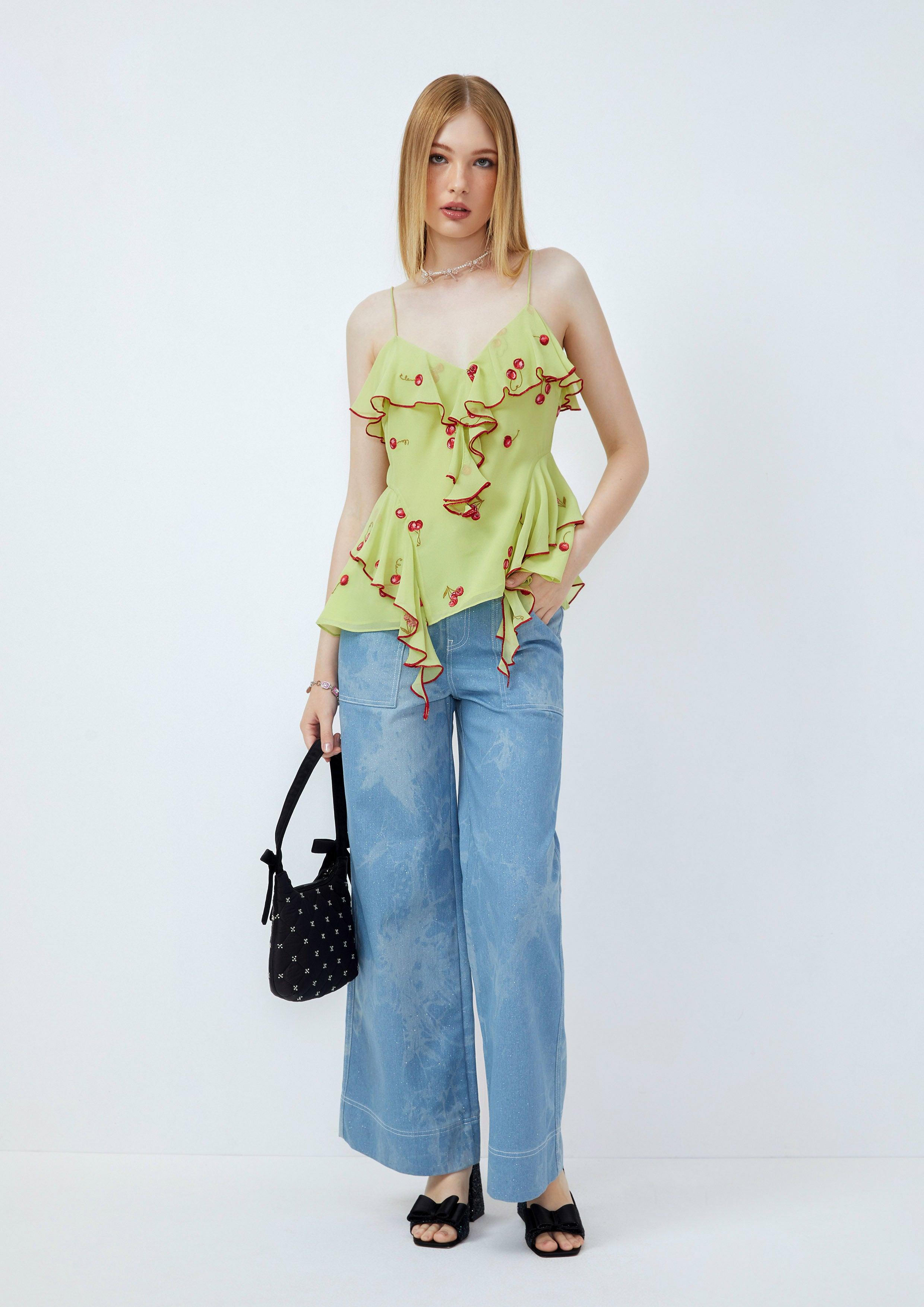 Lost in Museum Cherry Print Ruffle Top Green