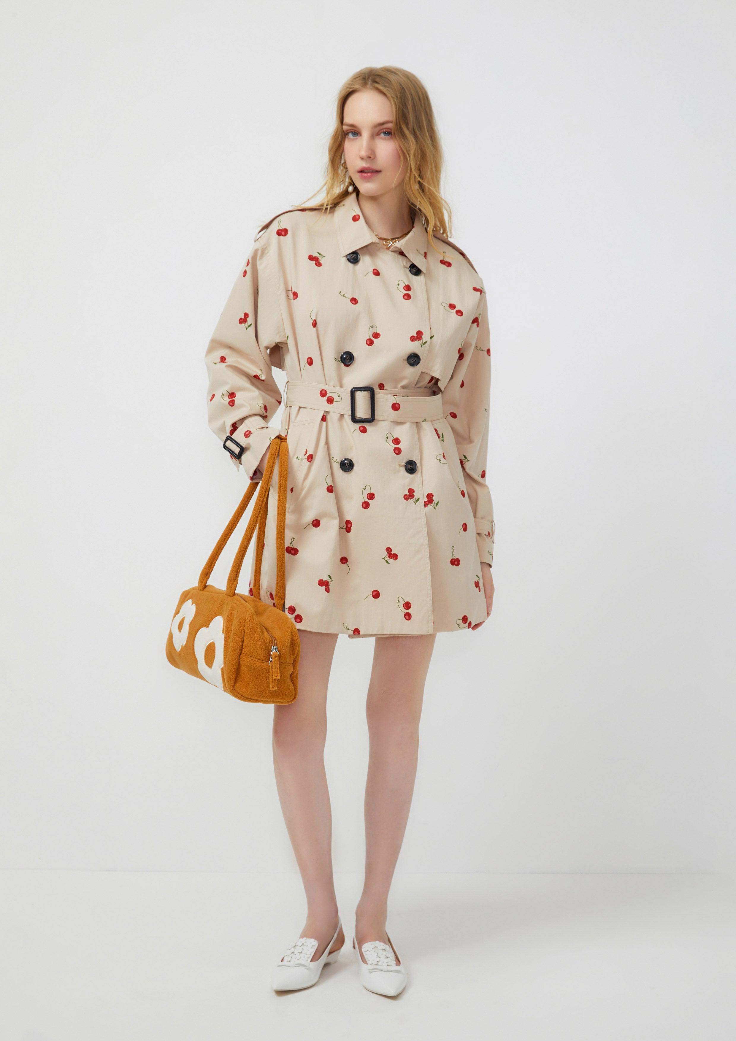 Lost In Museum Cherry Print Coat Beige