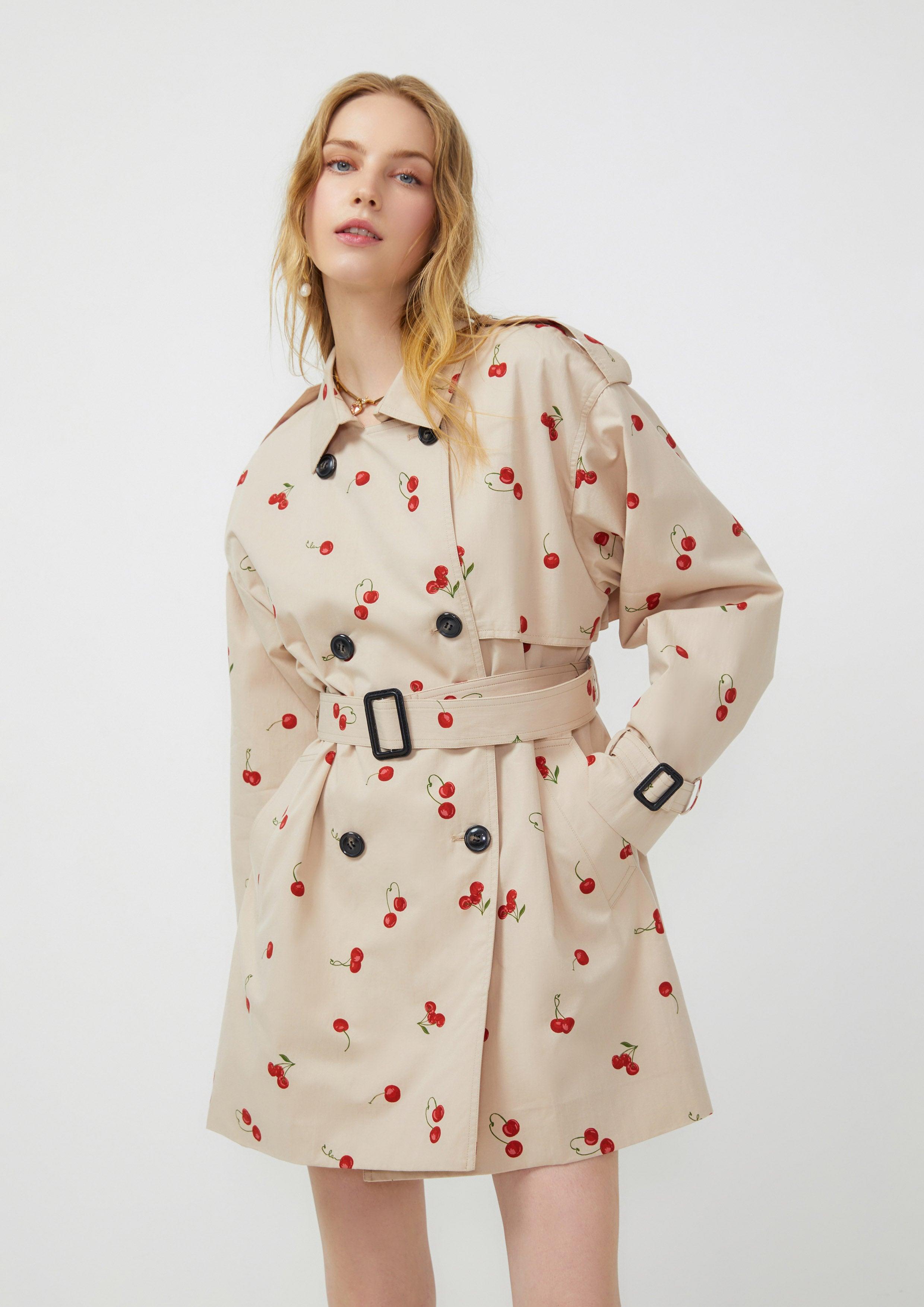 Lost In Museum Cherry Print Coat Beige