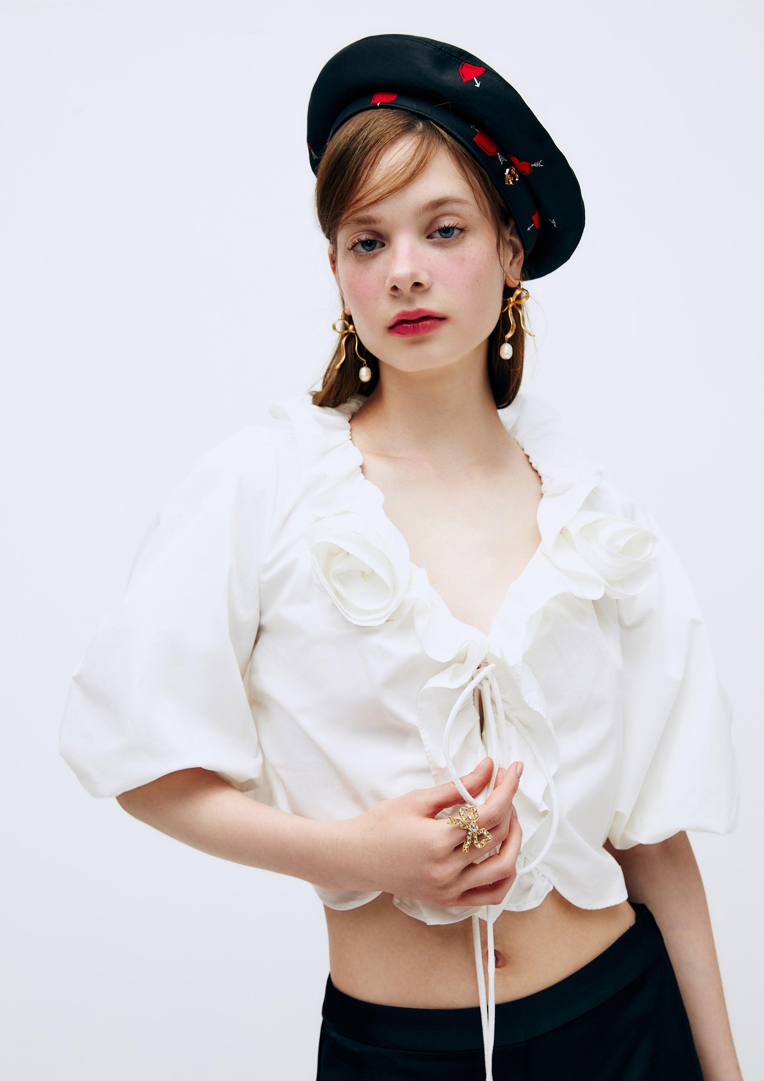 Lost In Museum Ruffled Rose Cropped Blouse White