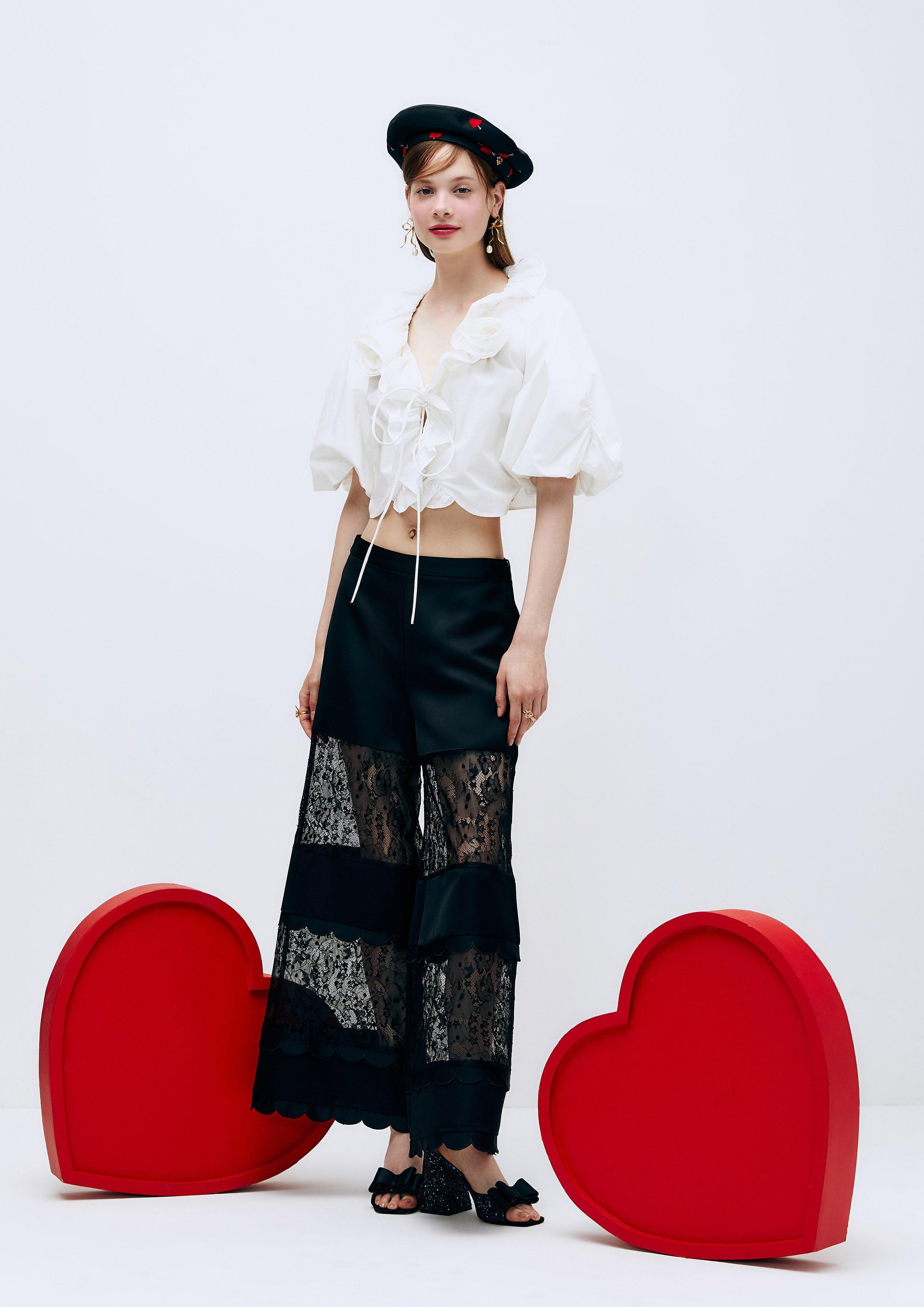 Lost In Museum Ruffled Rose Cropped Blouse White