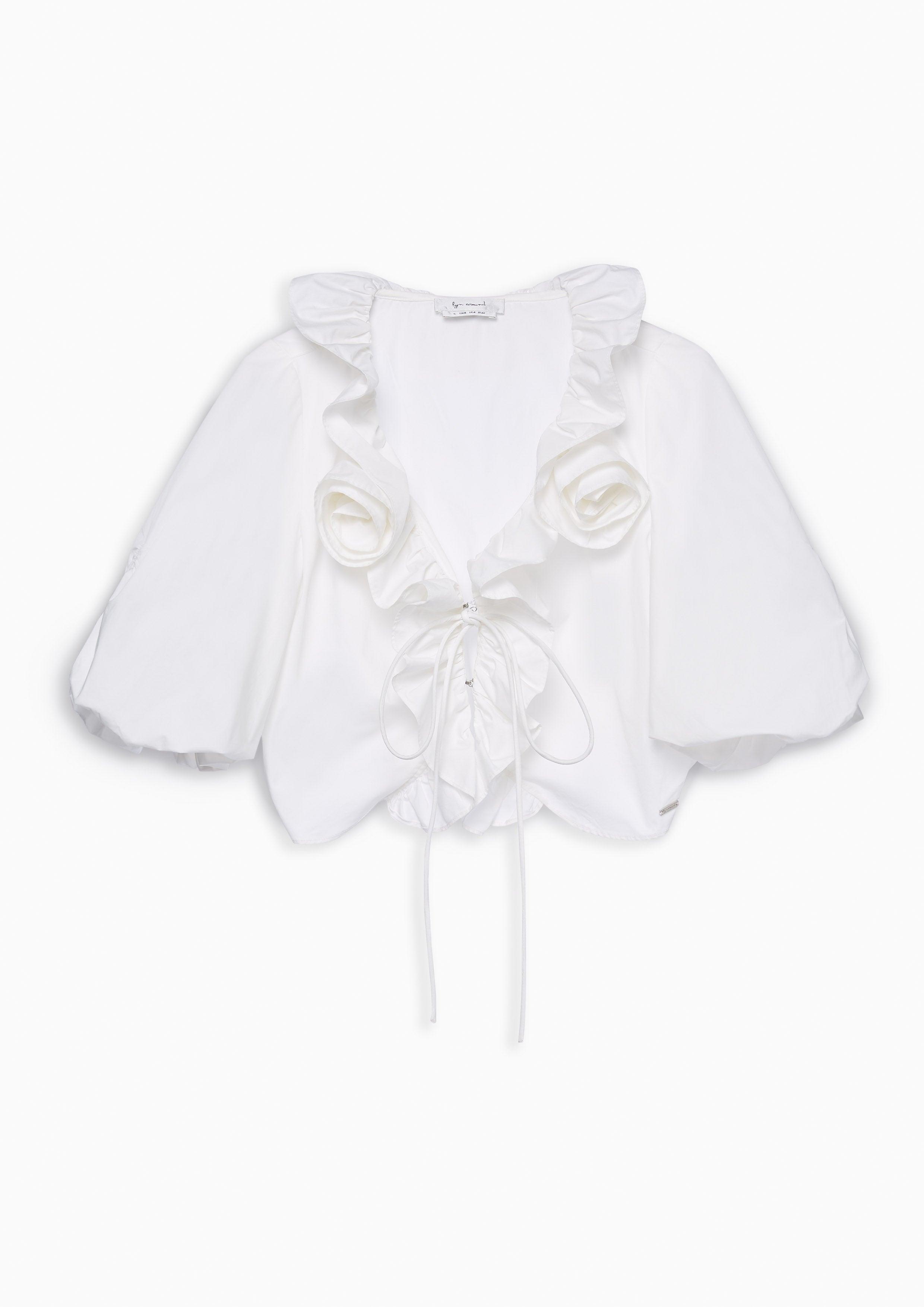 Lost In Museum Ruffled Rose Cropped Blouse White