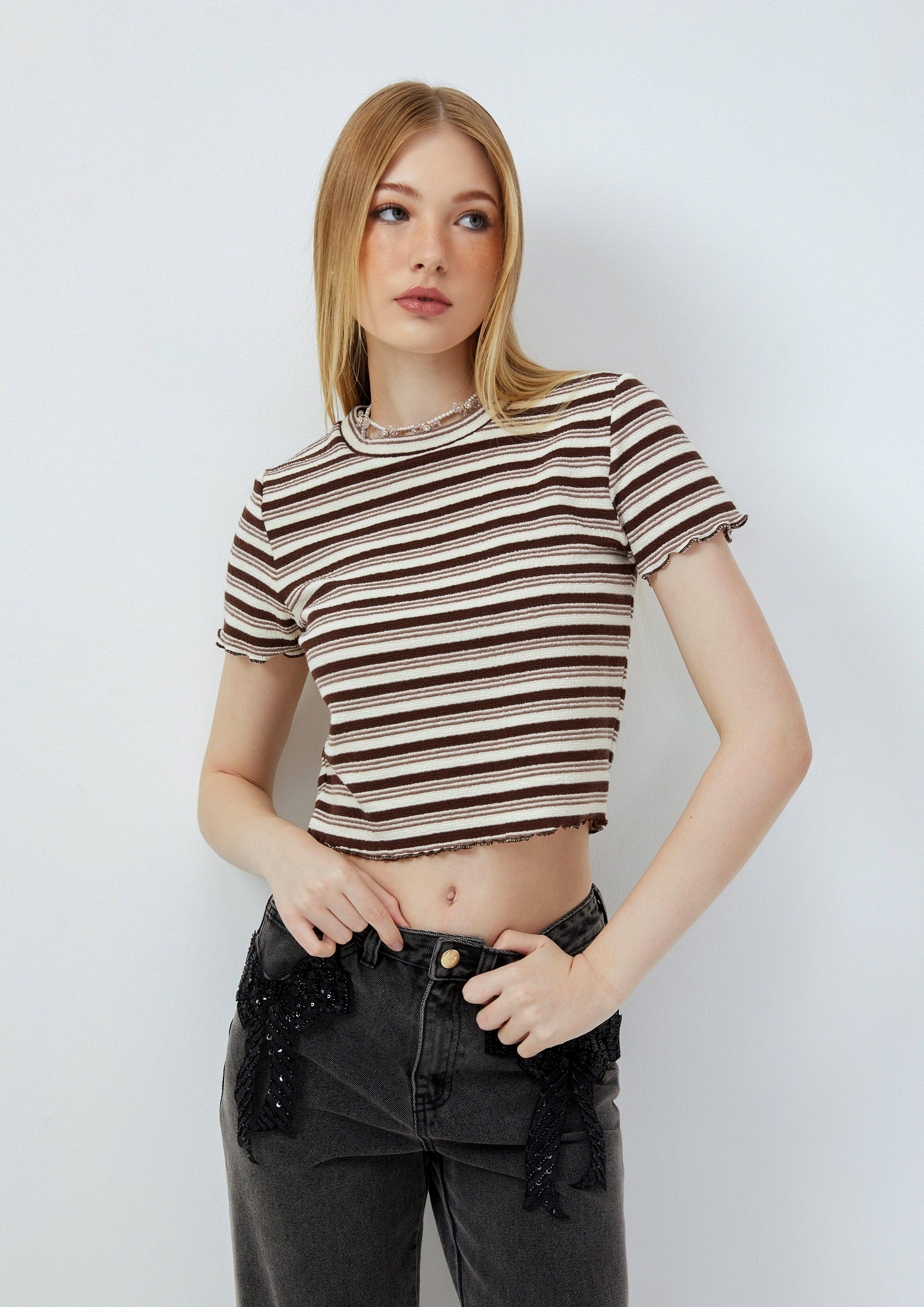 Lost in Museum Sunna Cozy Short-Sleeve Striped Tee Brown