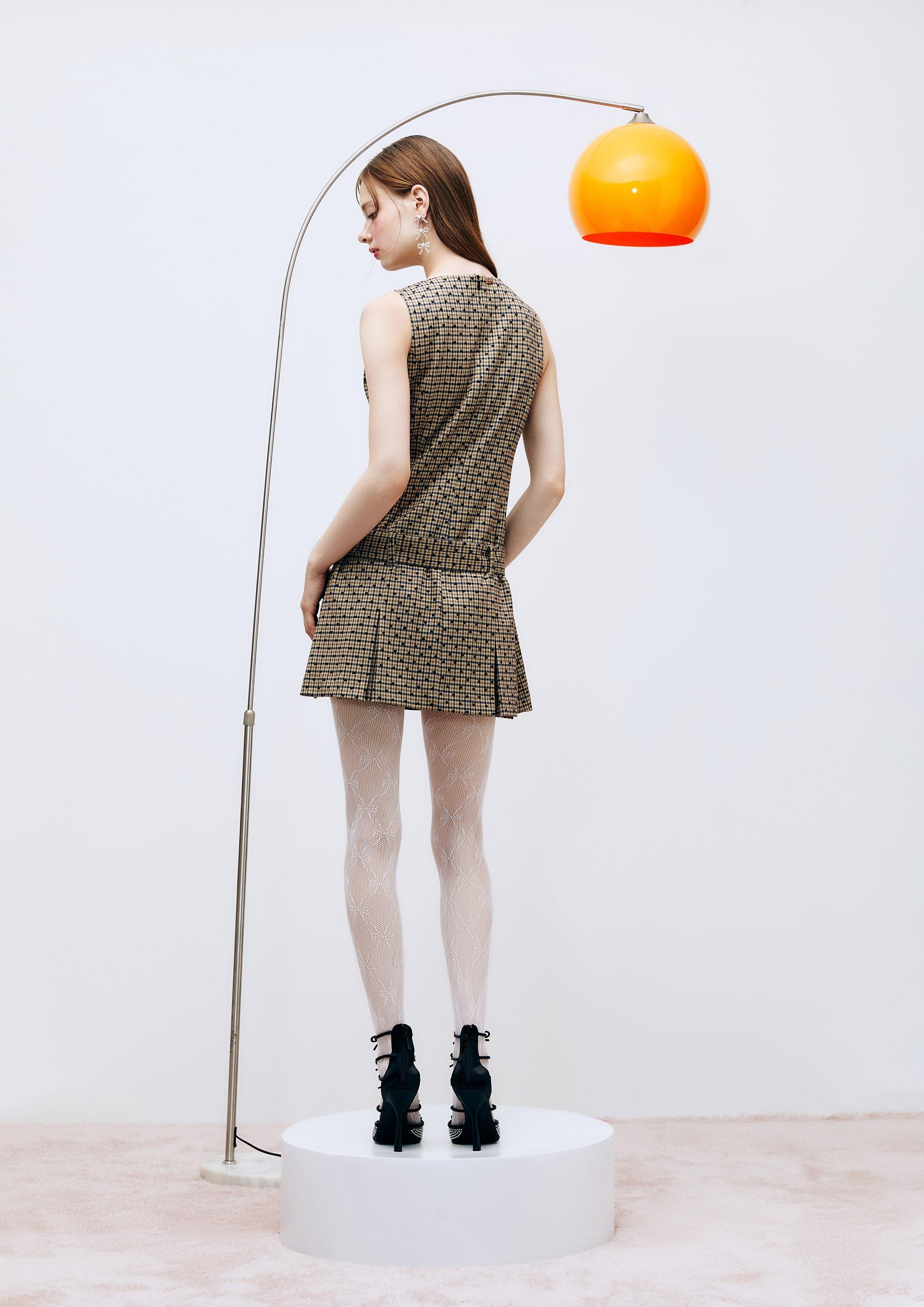 Lost In Museum Plaid & Heart Polkadot Mini Dress Brown