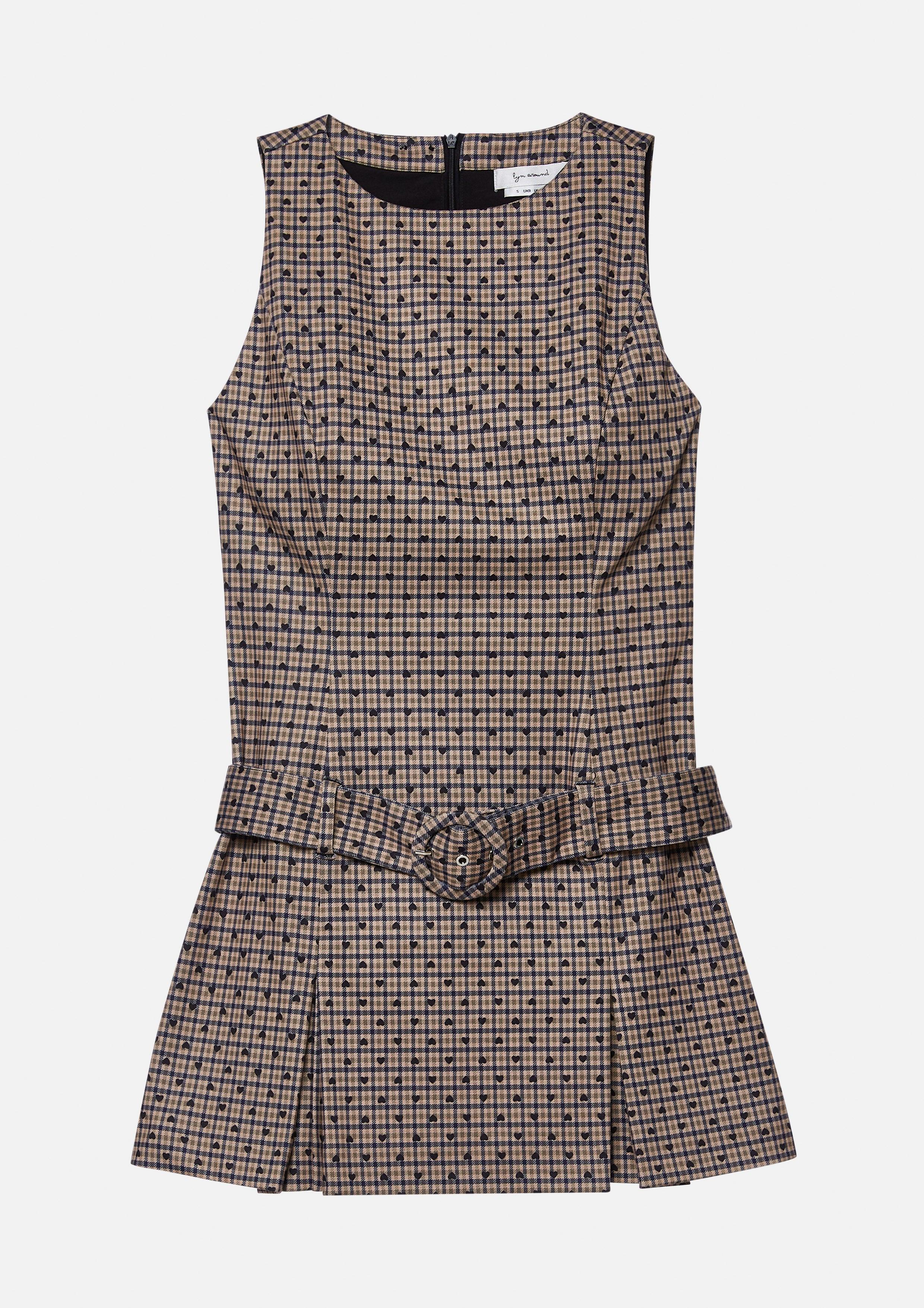 Lost In Museum Plaid & Heart Polkadot Mini Dress Brown