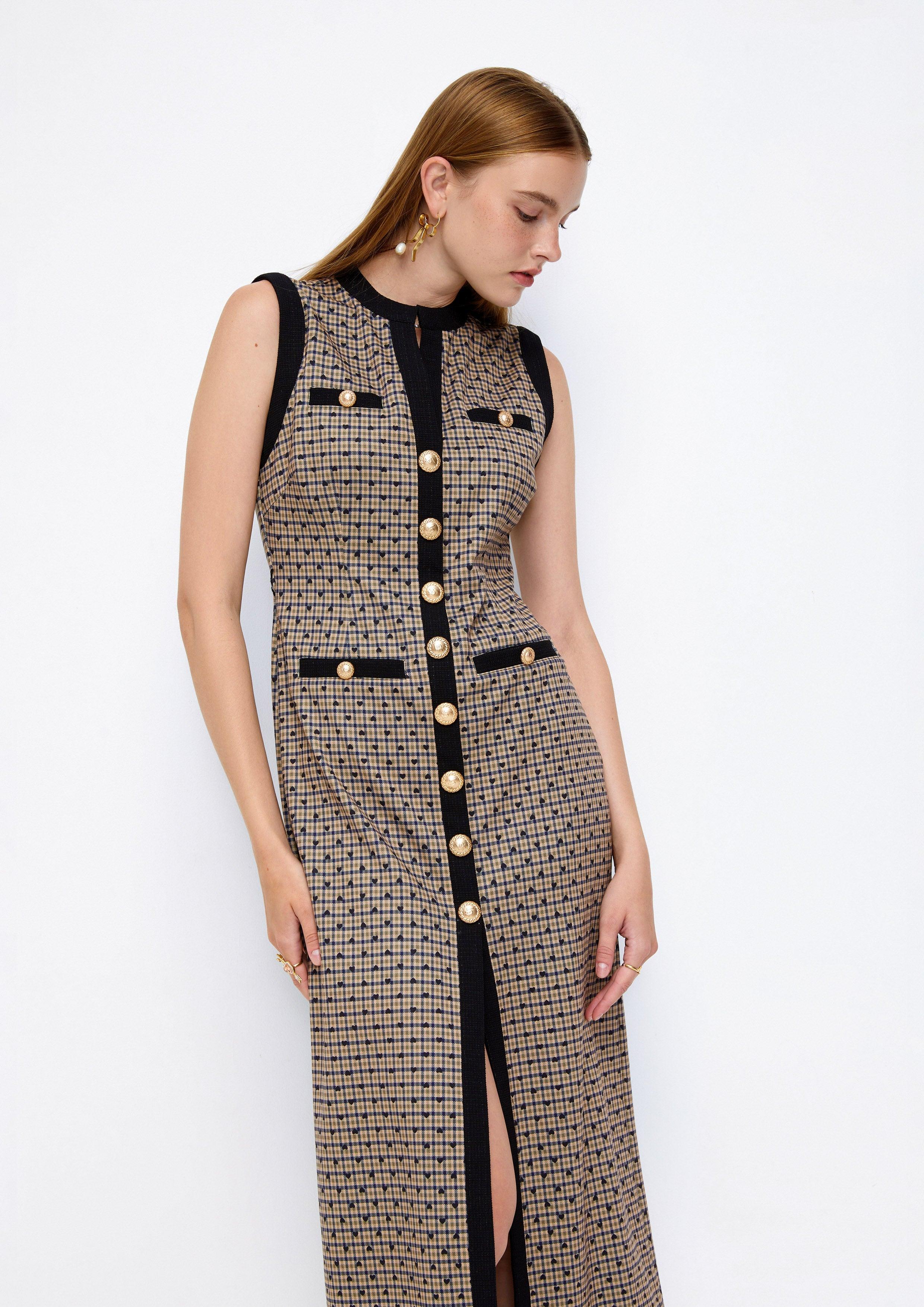 Lost In Museum Plaid & Heart Polkadot Maxi Dress Brown