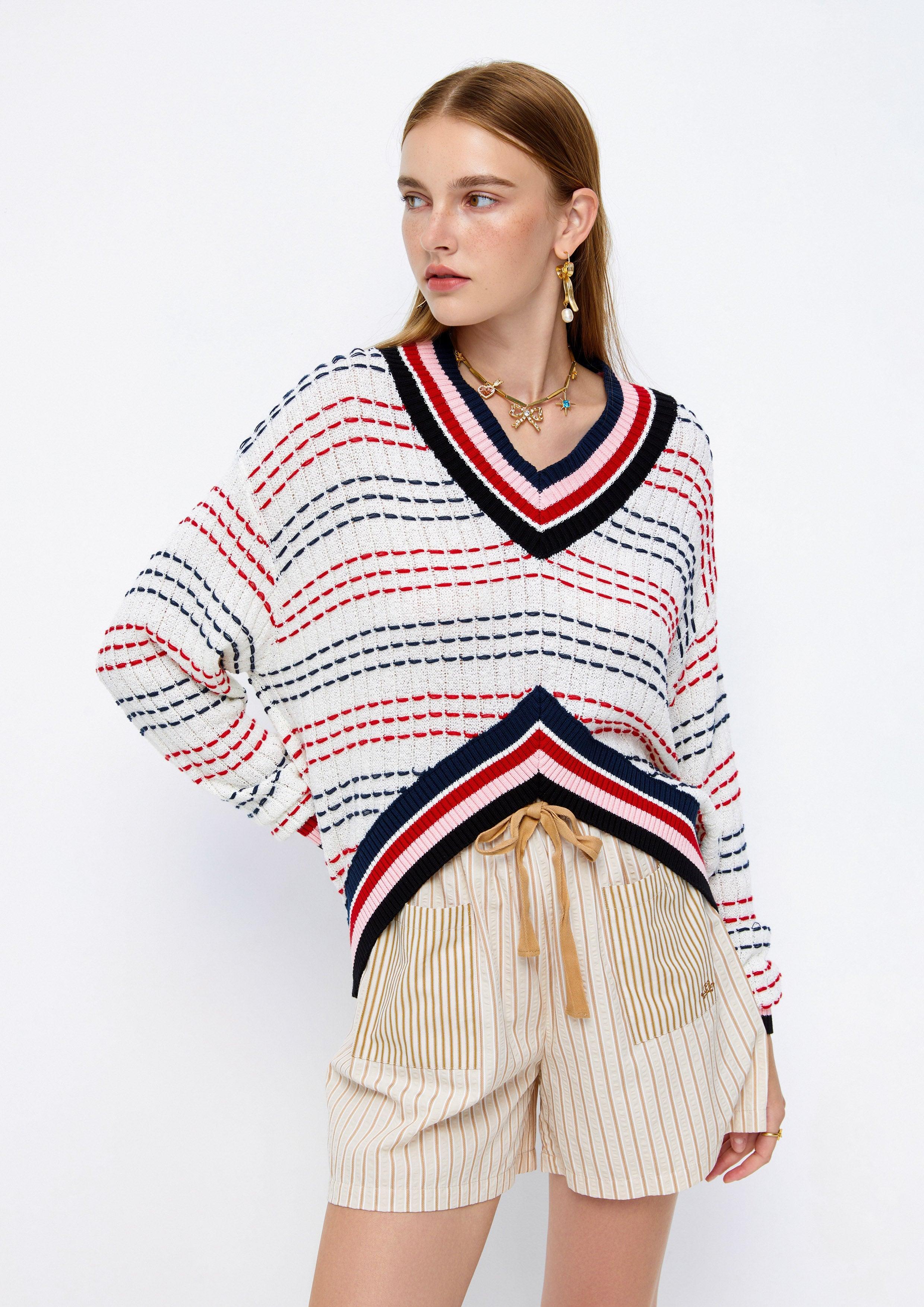 Lost In Museum Cropped Striped Seam Pullover Multi Color