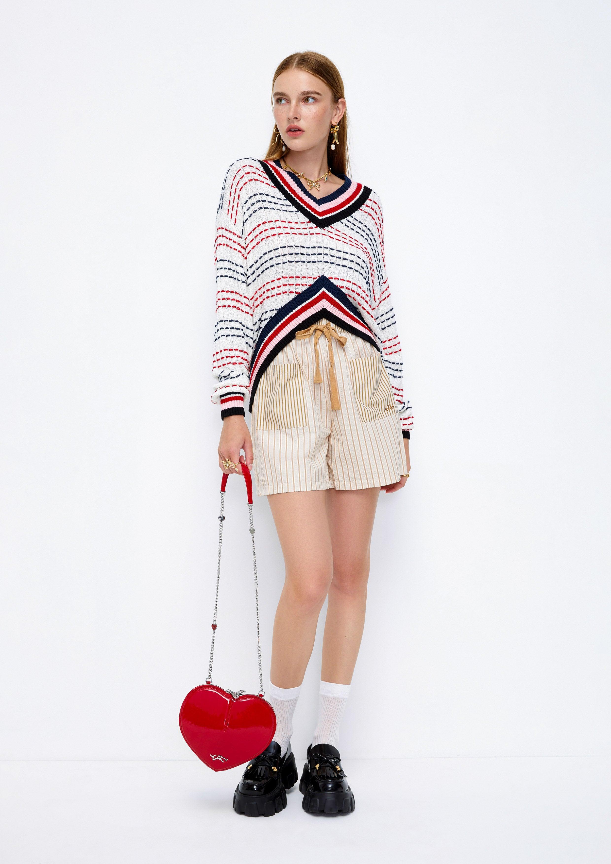 Lost In Museum Cropped Striped Seam Pullover Multi Color